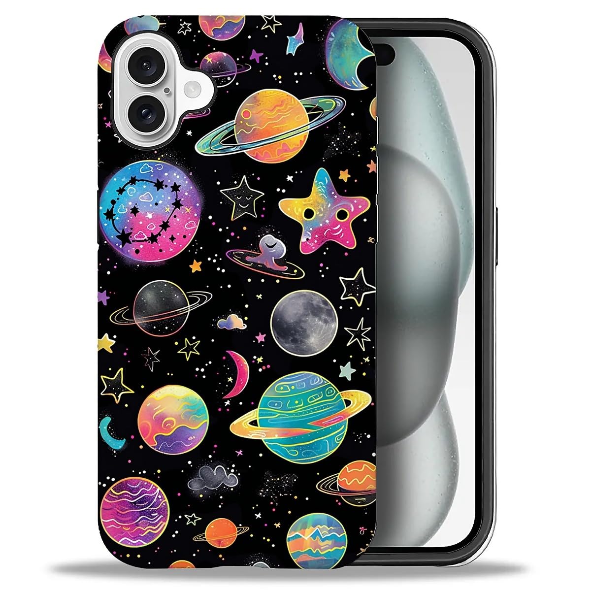WANKBLC Compatible with iPhone 16 Matte Case, Rainbow Planet Stars Space Pattern for Girl Full Body Design Soft Silicone Drop Sh