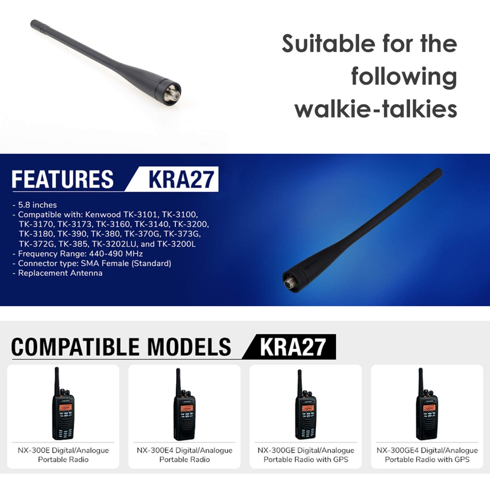 2 Pack Kenwood Kra27 Uhf Antenna For Kenwood Tk372 Tk3160 Tk3170 Tk3173 Tk3180 Tk3300 Tk5310 Helical Antenna 400 470 Mhz