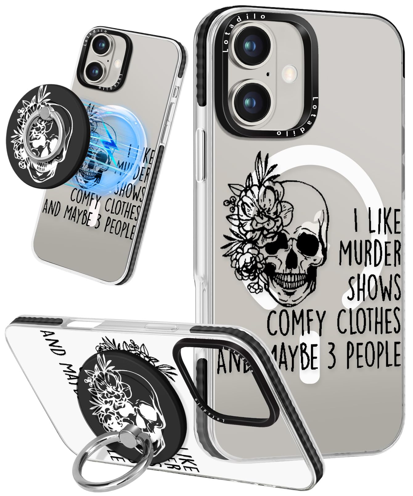 Lotadilo Case for iPhone 17 Case Compatible with Magsafe Ring Holder Stand - for Women Skull Design TPU Phone Cover for Girls Gi