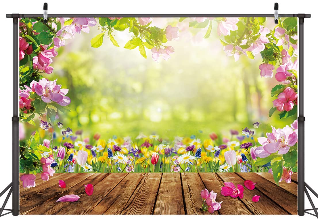 Alltten 7X5Ft Spring Backdrop Spring Pink Flowers Photography Backdrop Nature Backdrop Easter Wood Floor Photo Backdrop Baby Sho