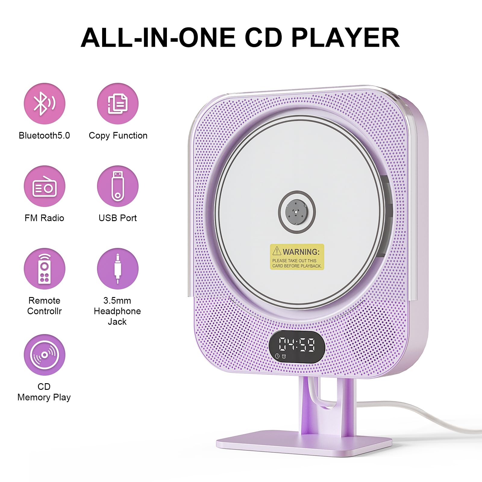 Kpop Purple Cd Player,Wired Cd Players For Home,Desktop/Wall Cute Bluetooth Speakers With Ir Remote Control,Fm Radio/Cd Music Ti