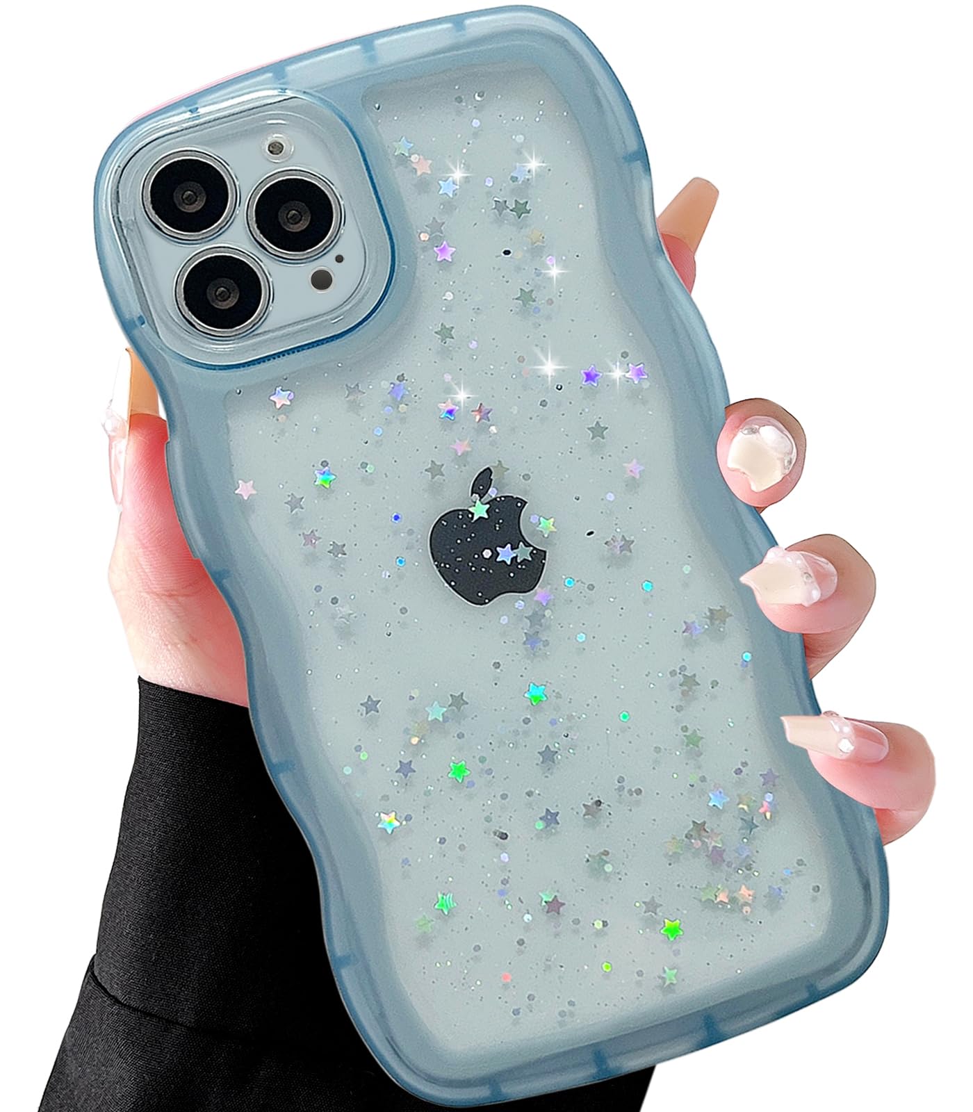 Qokey For Iphone 13 Pro Case 6.1'' Curly Wave Edge Design Transparent Bling Glitter Star Shiny Case Cute Clear Transparent Full