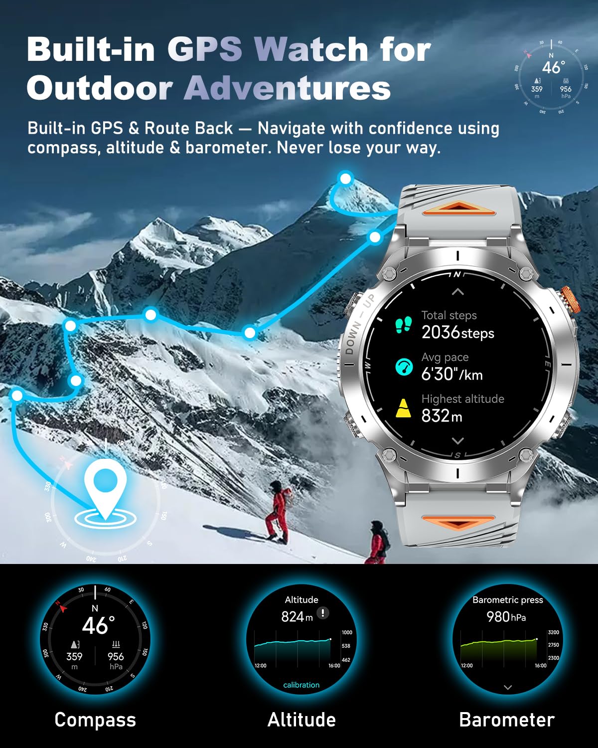 Podoeil Gps Military Smart Watch For Men With Bluetooth Call, 1.43 Amoled Waterproof Smart Watch With Flashlight, 170 Sport Mode