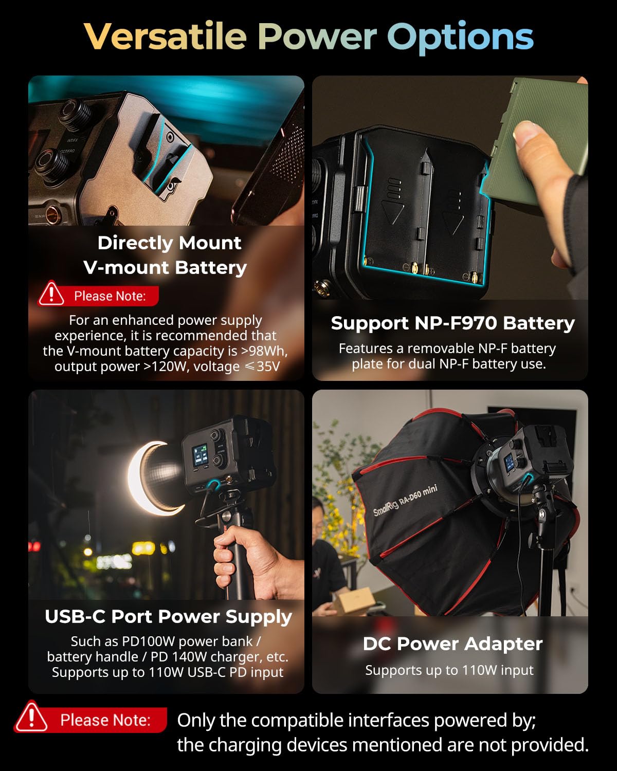 Smallrig Rc 100B Cob Video Light With Handle, Bi-Colour Video Light 2700K-6500K, Type-C Pd Fast Charging, Built-In Battery Plate