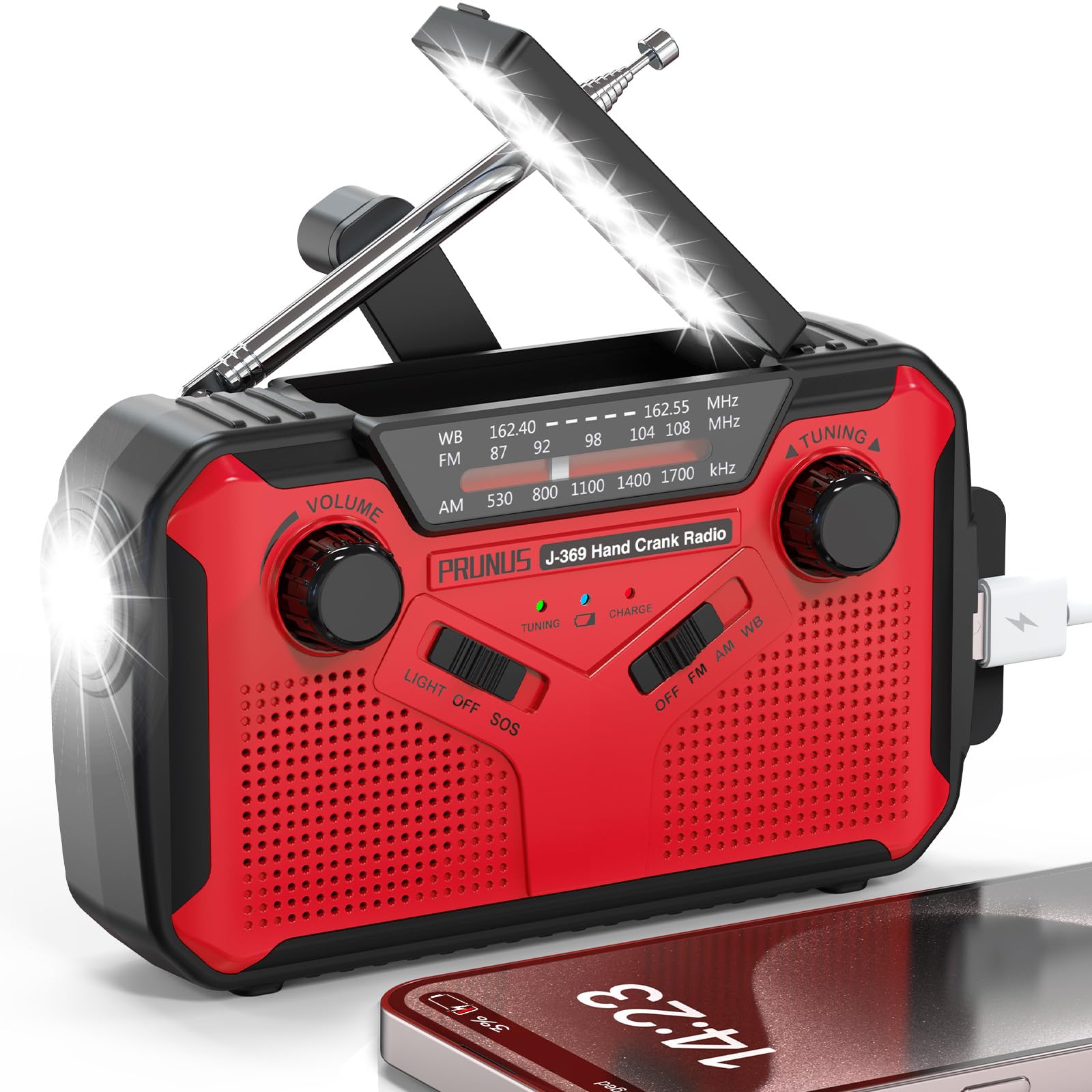 Prunus J 369 11100Mwh Emergency Weather Radio, Aa Batteries/Hand Crank/Solar/Usb Charging, Noaa/Am/Fm, Led Flashlight And Readin