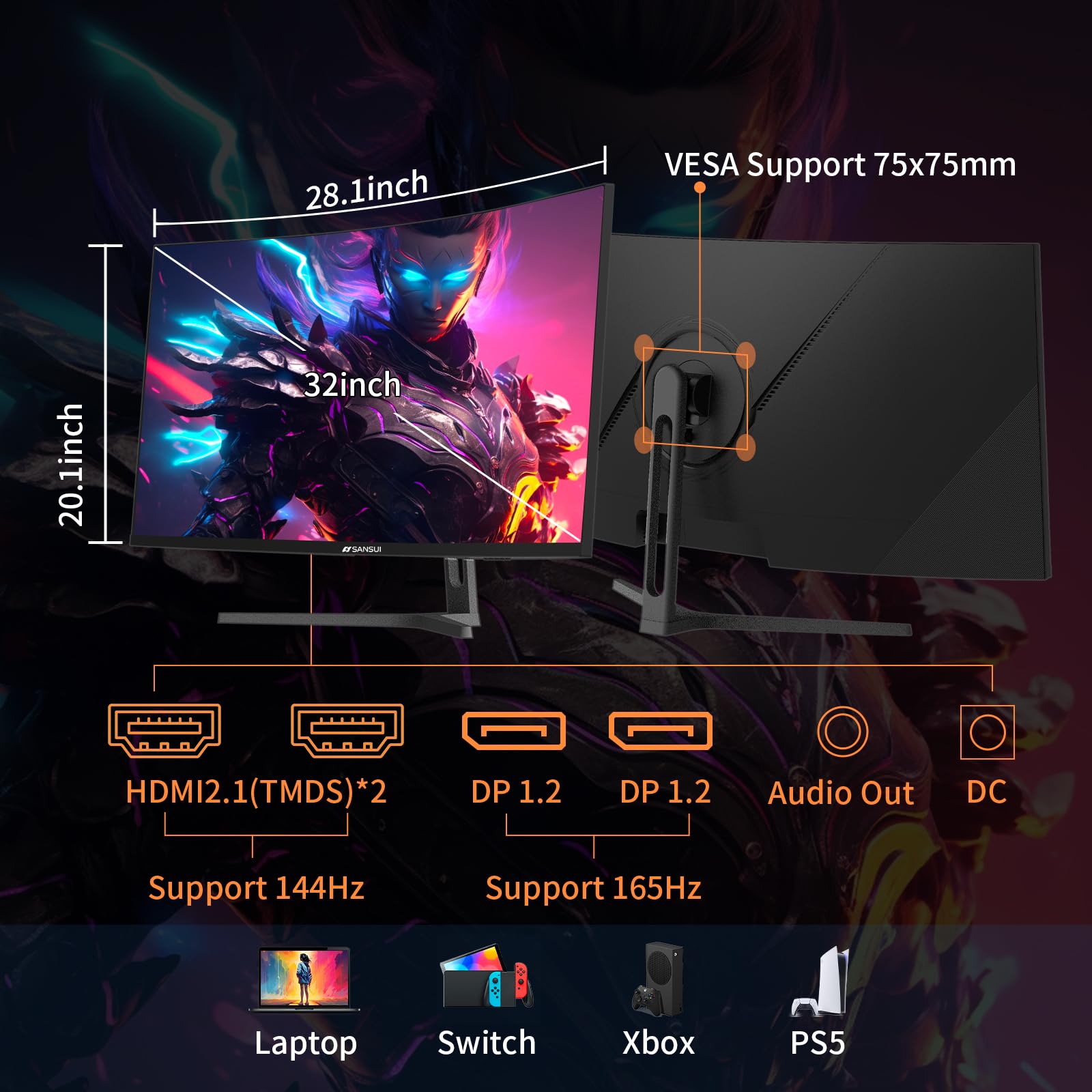 Sansui 32 Inch Curved Gaming Monitor Wqhd 2560 X 1440 165Hz Curved 1500R  1Ms(Od), Hdr, 300Nits, Srgb 125%, Dci P3 95%, Freesync