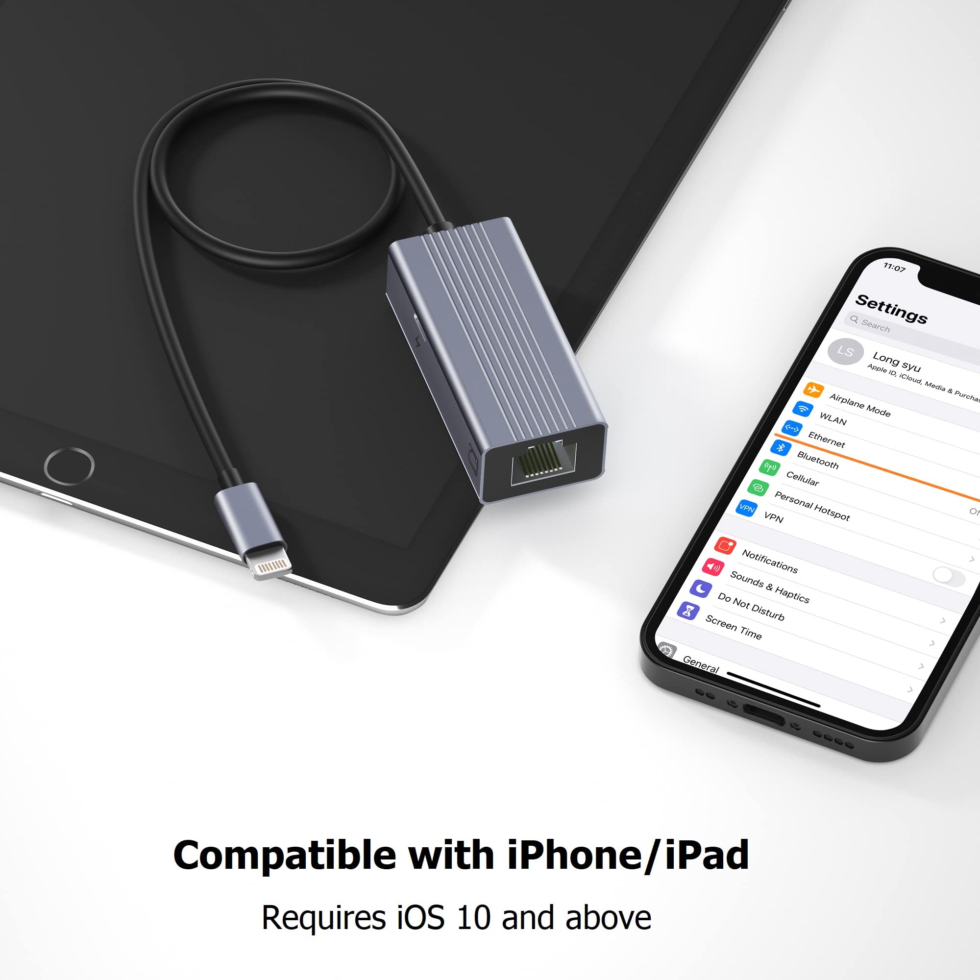 IVSHOWCO Lightning to Ethernet Adapter, MFi Certified, 100Mbps RJ45 LAN Network Adapter with Charging Port, 1.65Ft, Grey/Black