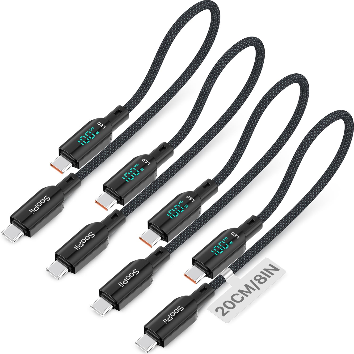 SOOPII 4Pack 100W Short USB C to USB C Cable with LED Display, 0.7Ft PD Fast Charging Nylon Braided Cord, Compatible with Phone