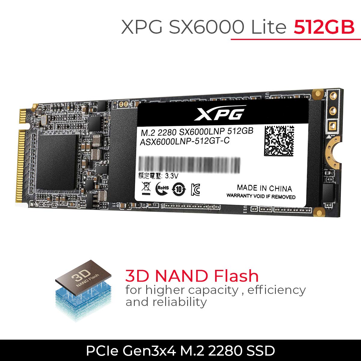 Xpg Sx6000 Lite 512Gb Pcie 3D Nand Pcie Gen3X4 M.2 2280 Nvme 1.3 R/W Up To 1800/1200Mb/S Ssd (Asx6000Lnp 512Gt C)