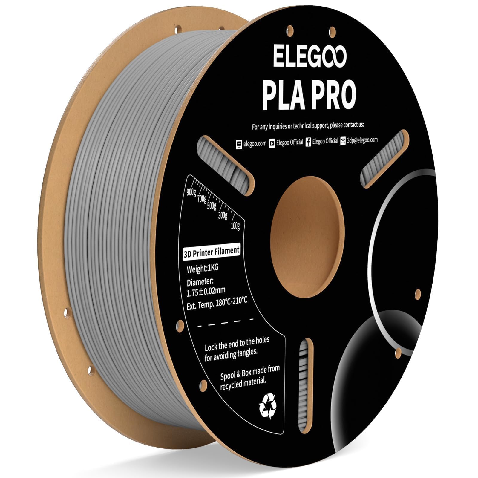ELEGOO PLA PRO Filament 1.75mm Gray 1KG, 30-250mm/s Printing Speed Improved Rigidity 3D Printer Filament Dimensional Accuracy +/