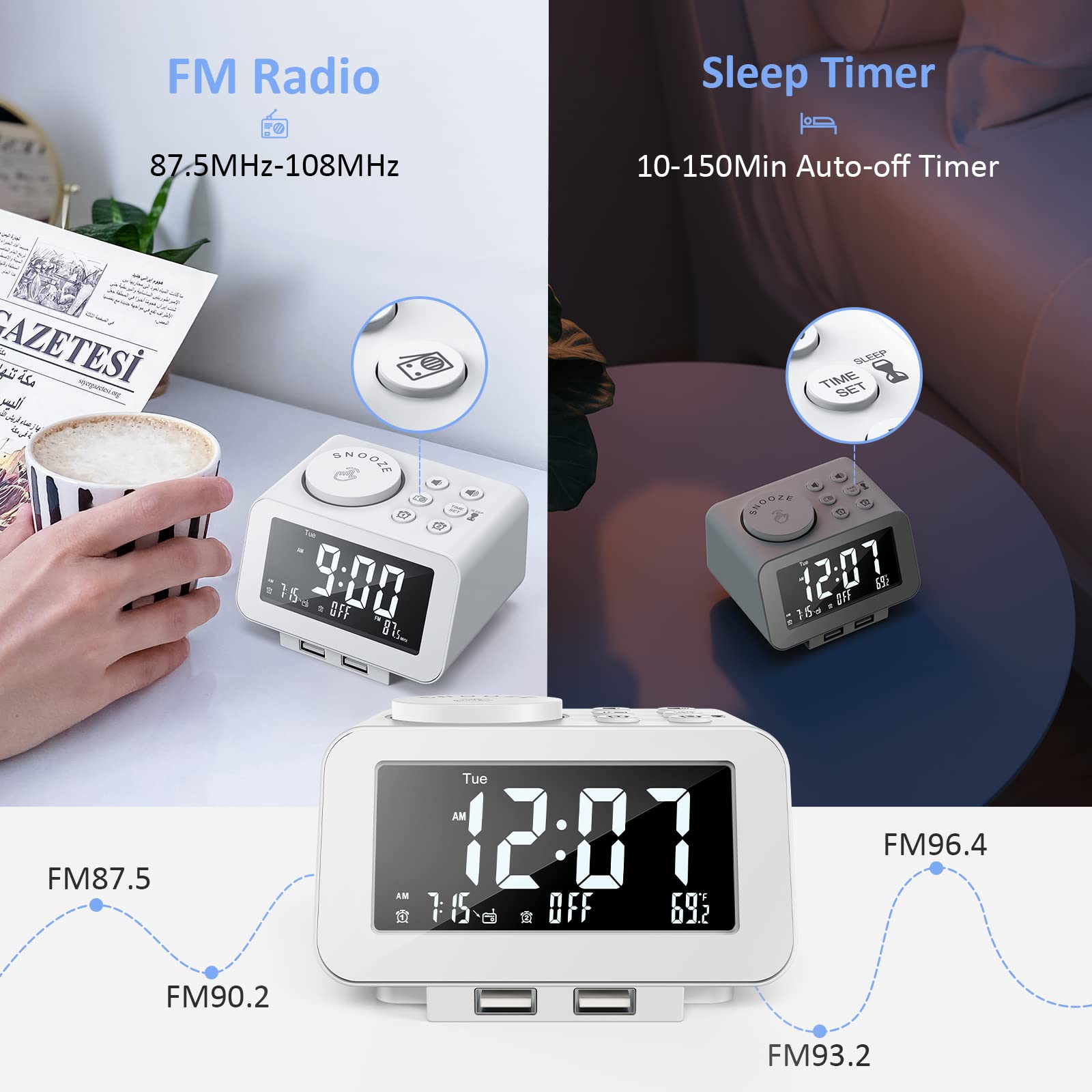 Uscce Digital Alarm Clock Radio   0 100% Dimmer, Dual Alarm With Weekday/Weekend Mode, 6 Sounds Adjustable Volume, Fm Radio W/Sl