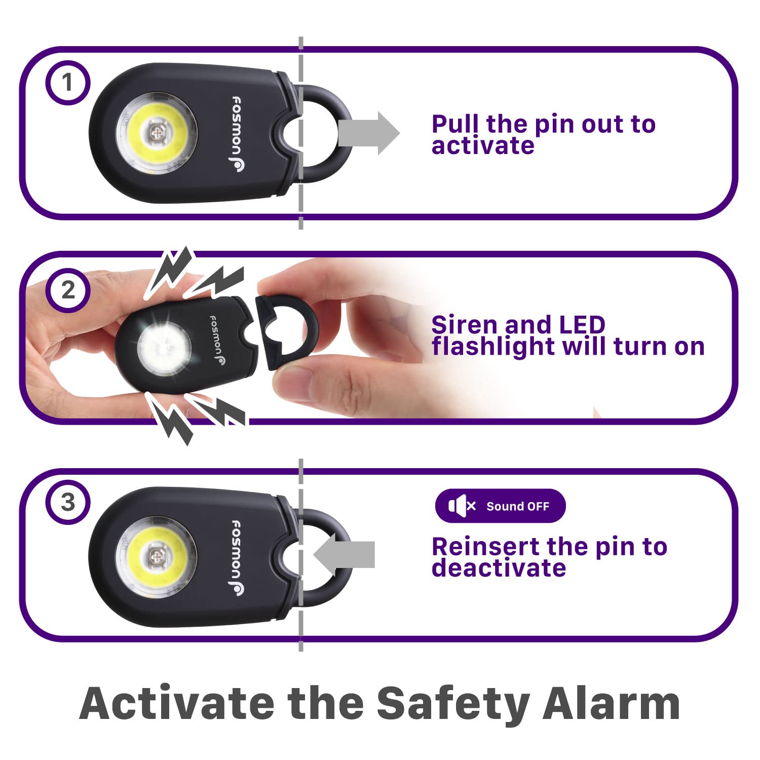 Fosmon Personal Alarm For Women (2 Pack), Self Defense Protection Keychain Safety Sound Siren 125Db With Strobe Light Led Flashl