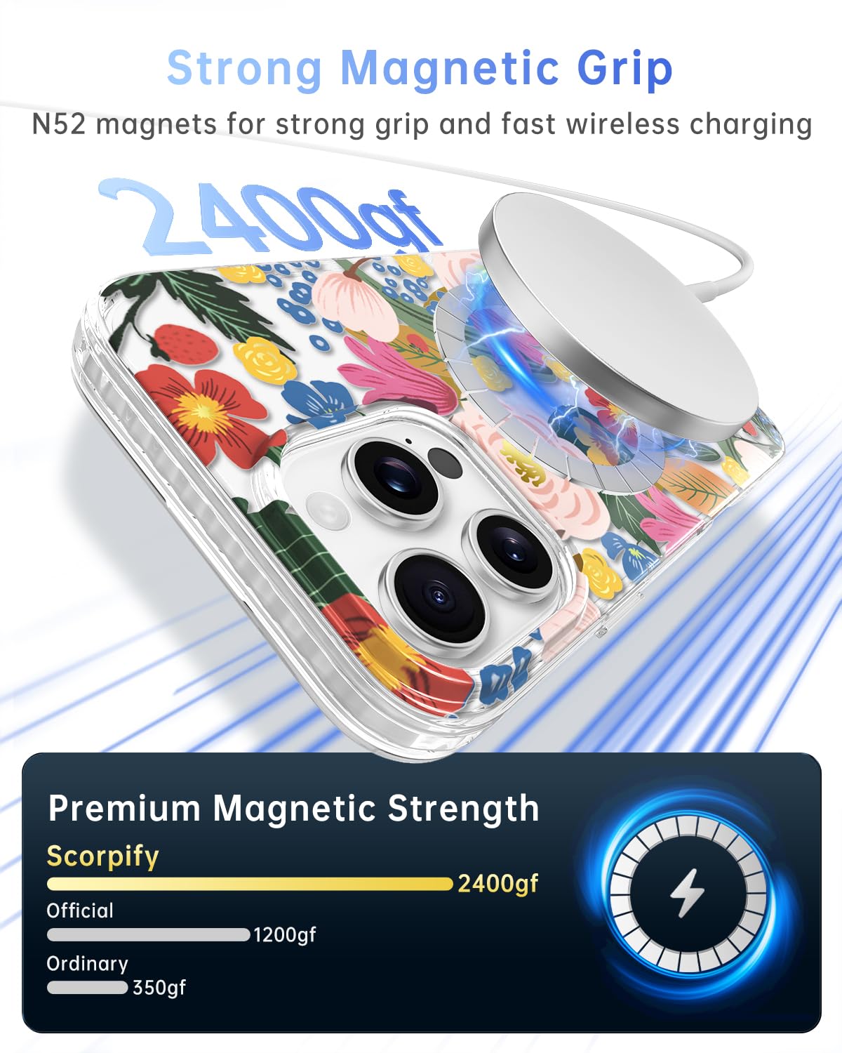 Scorpify For Iphone 16 Pro Max Case [Compatible With Magsafe] With Camellia Blossom Floral Design, Cute Clear Flower Magnetic Ph