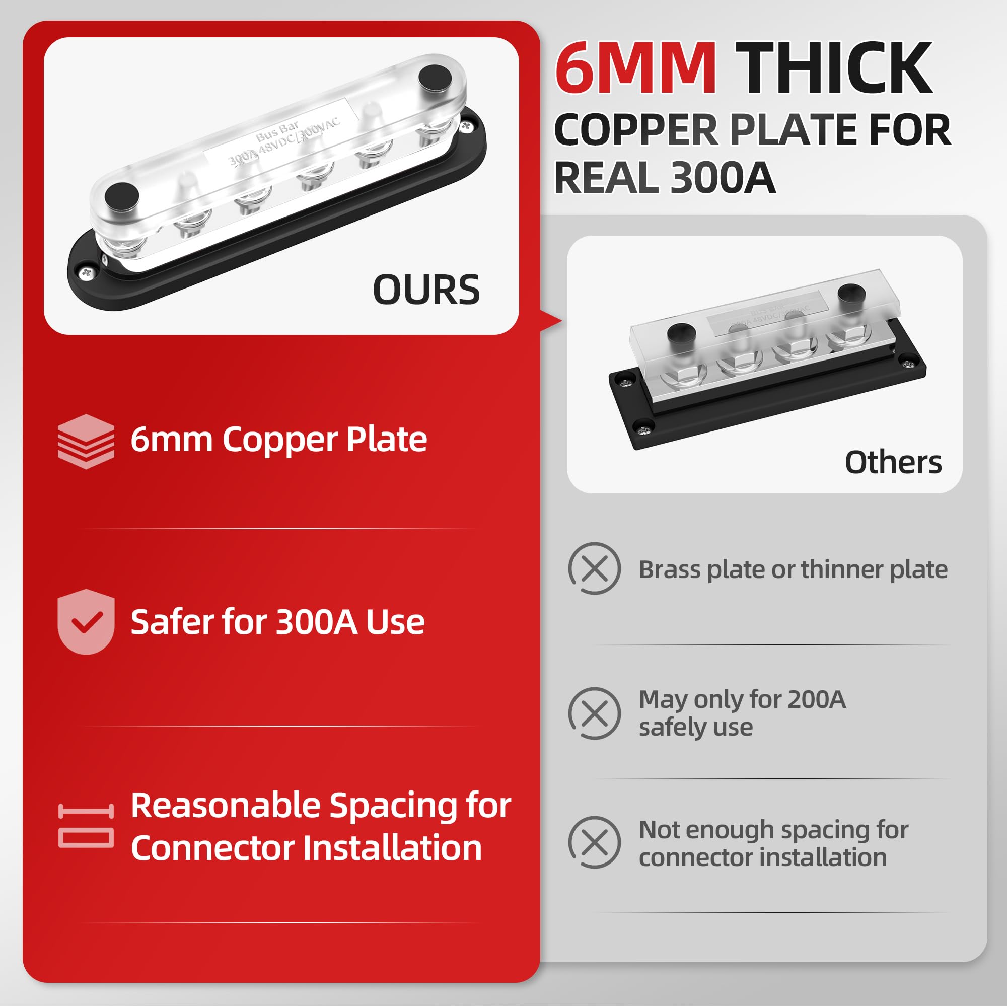 Daiertek Power Distribution Block 300A 12V Bus Bar 5/16' 6 Post Terminal Block With Cover Max 48V Dc/300V Ac For Marine Automotive Car Truck Solar Systems (Positive And Ground)