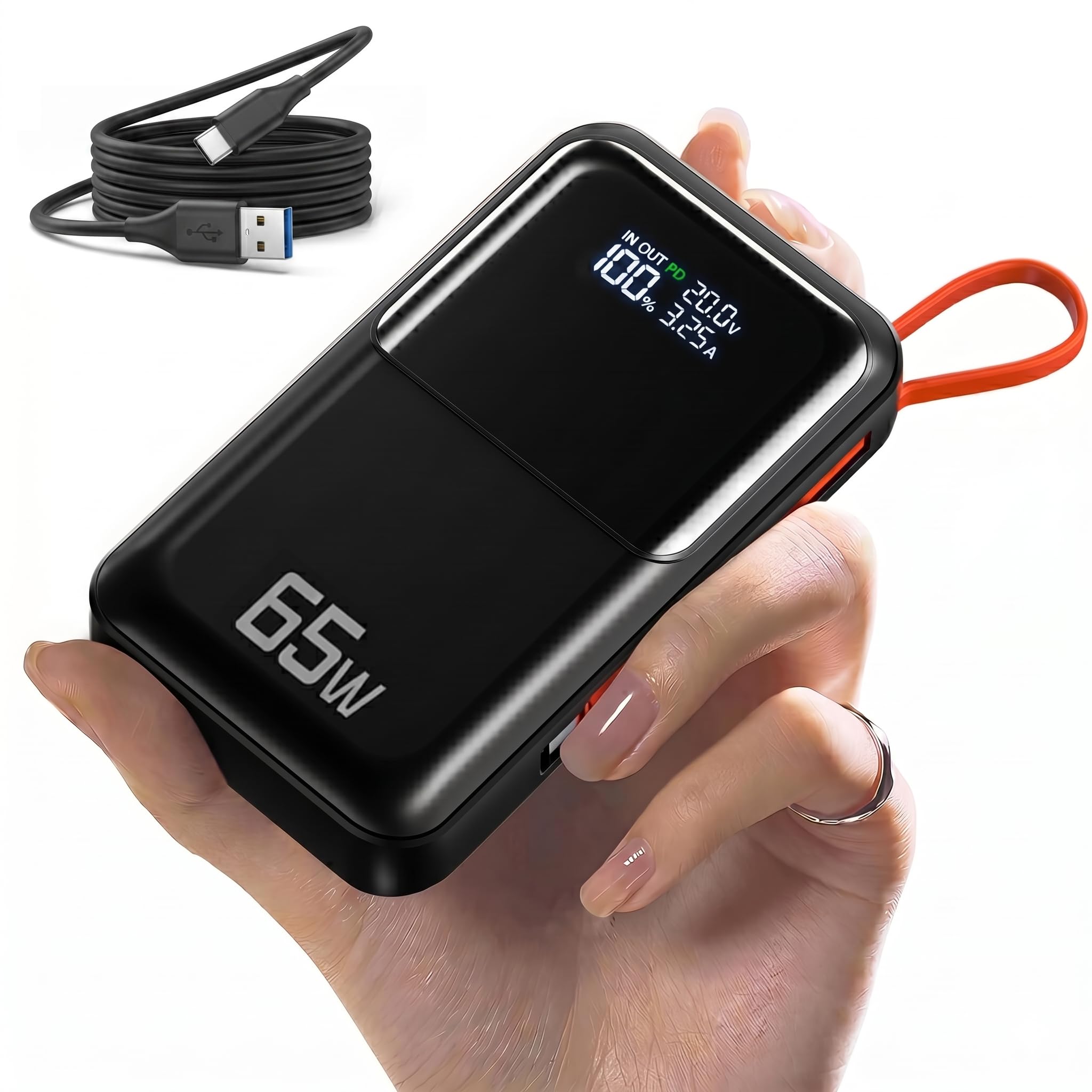 65W Portable Laptop Charger  26,800mAh Power Bank with Builtin USBC Cables, 3Port 130W Total Fast Charging for MacBook/iPhon