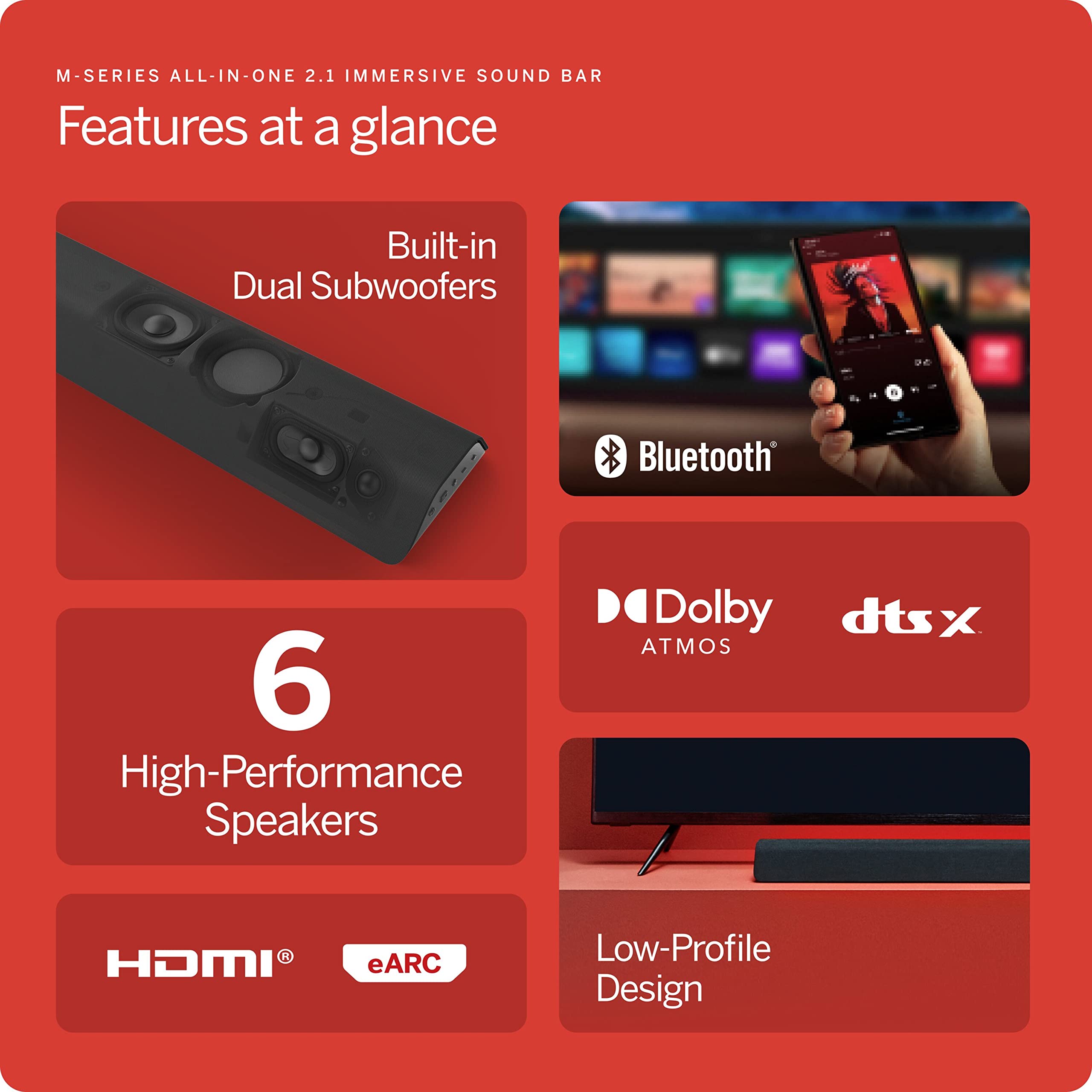 Vizio M Series All In One 2.1 Immersive Sound Bar With 6 High Performance Speakers, Dolby Atmos, Dts:X, Built In Subwoofers And