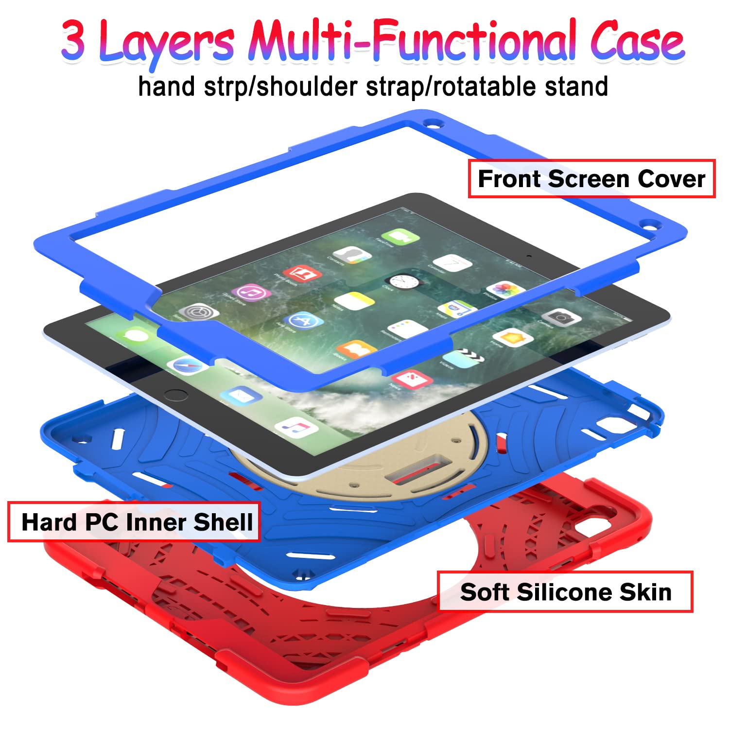 Bmouo Case For Ipad 6Th/5Th Generation (9.7 Inch, 2018/2017), With Screen Protector, 360 Rotating Stand & Hand & Shoulder Strap