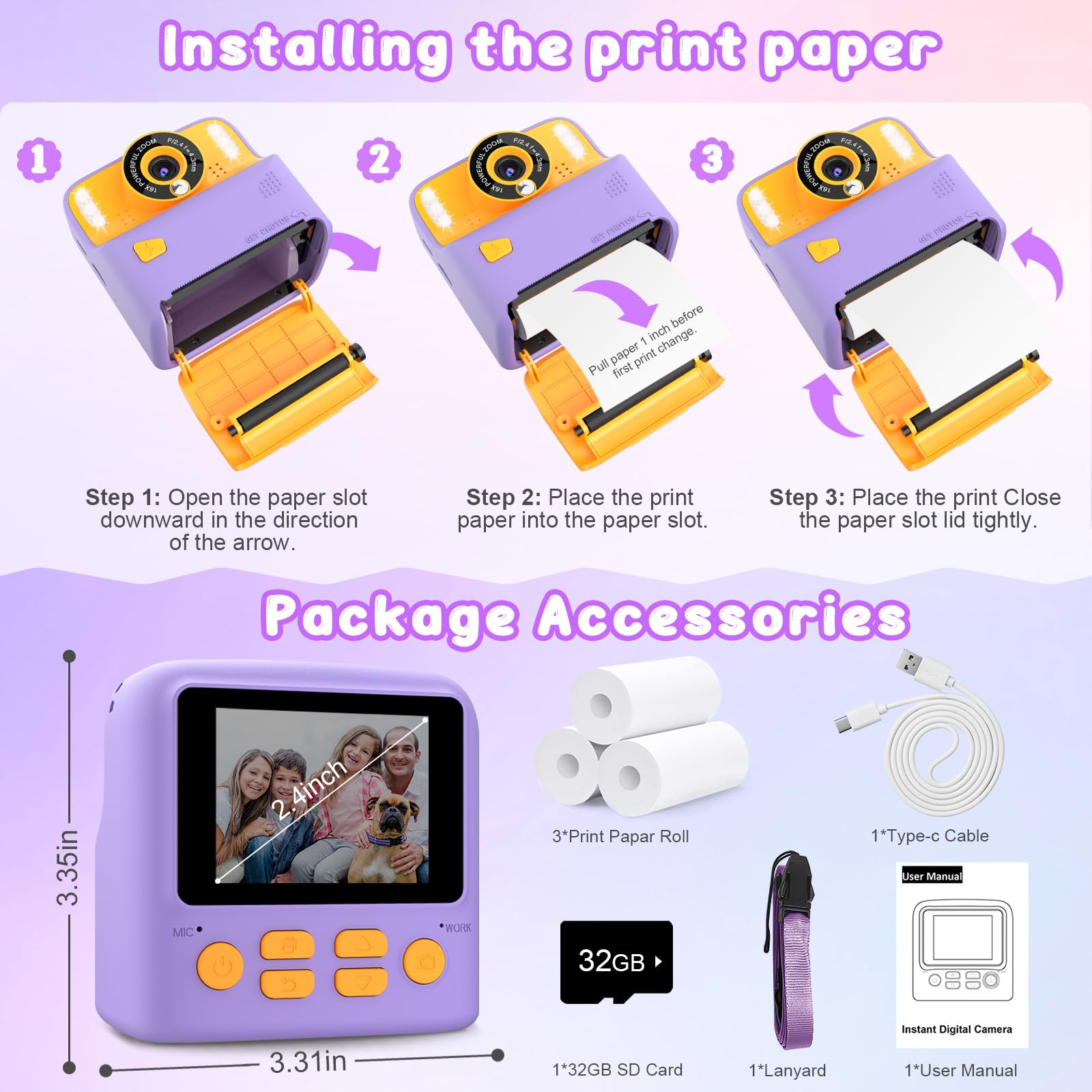 Instant Print Camera For Kids, Christmas Birthday Gift For 3 12 Year Old Girls Boys, Children Digital Camera Print Black And Whi