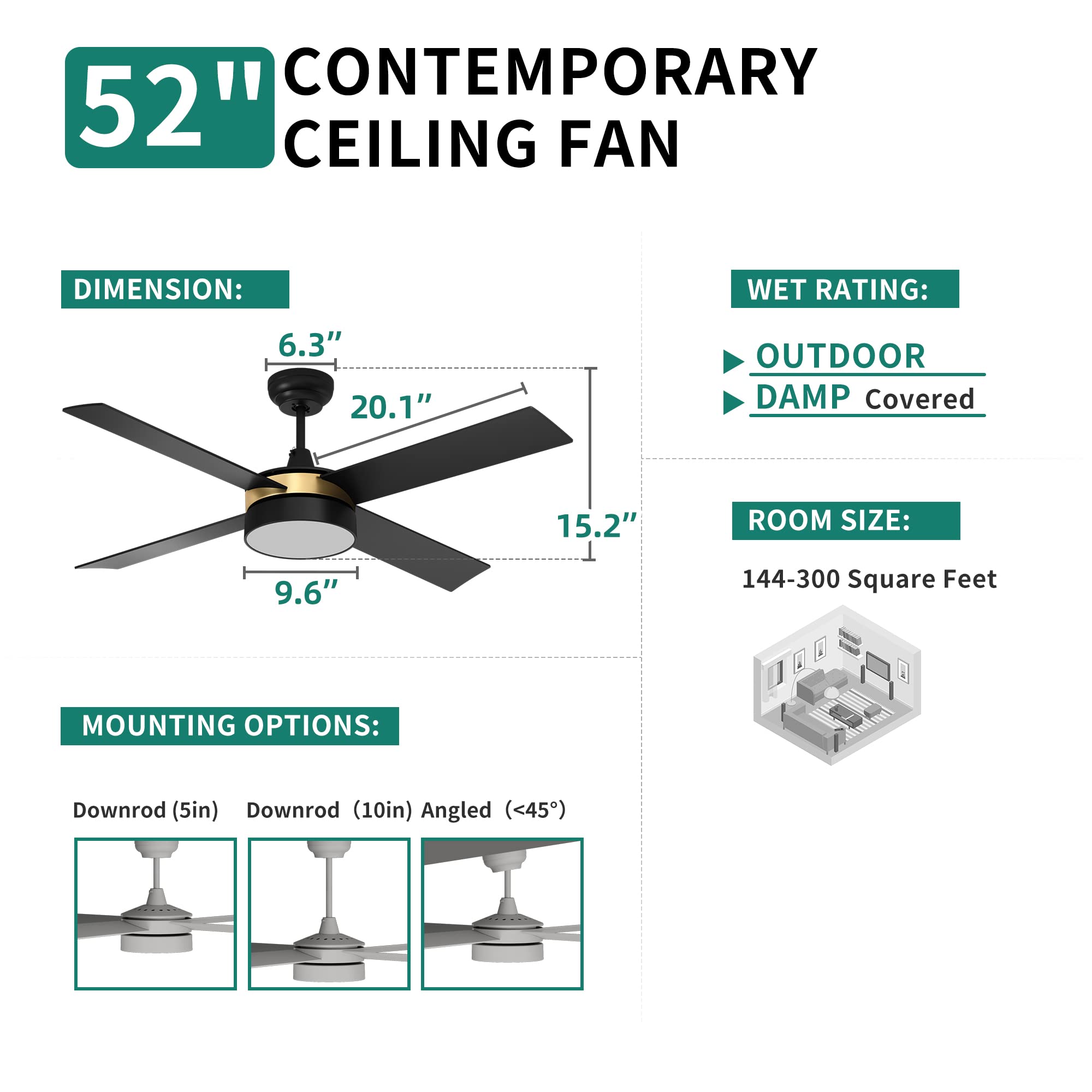 Yitahome Black Ceiling Fans With Light And Remote, 52 Inch Gold Dimmable Fanlight For Indoor Outdoor, Light Fan With Stepless Co