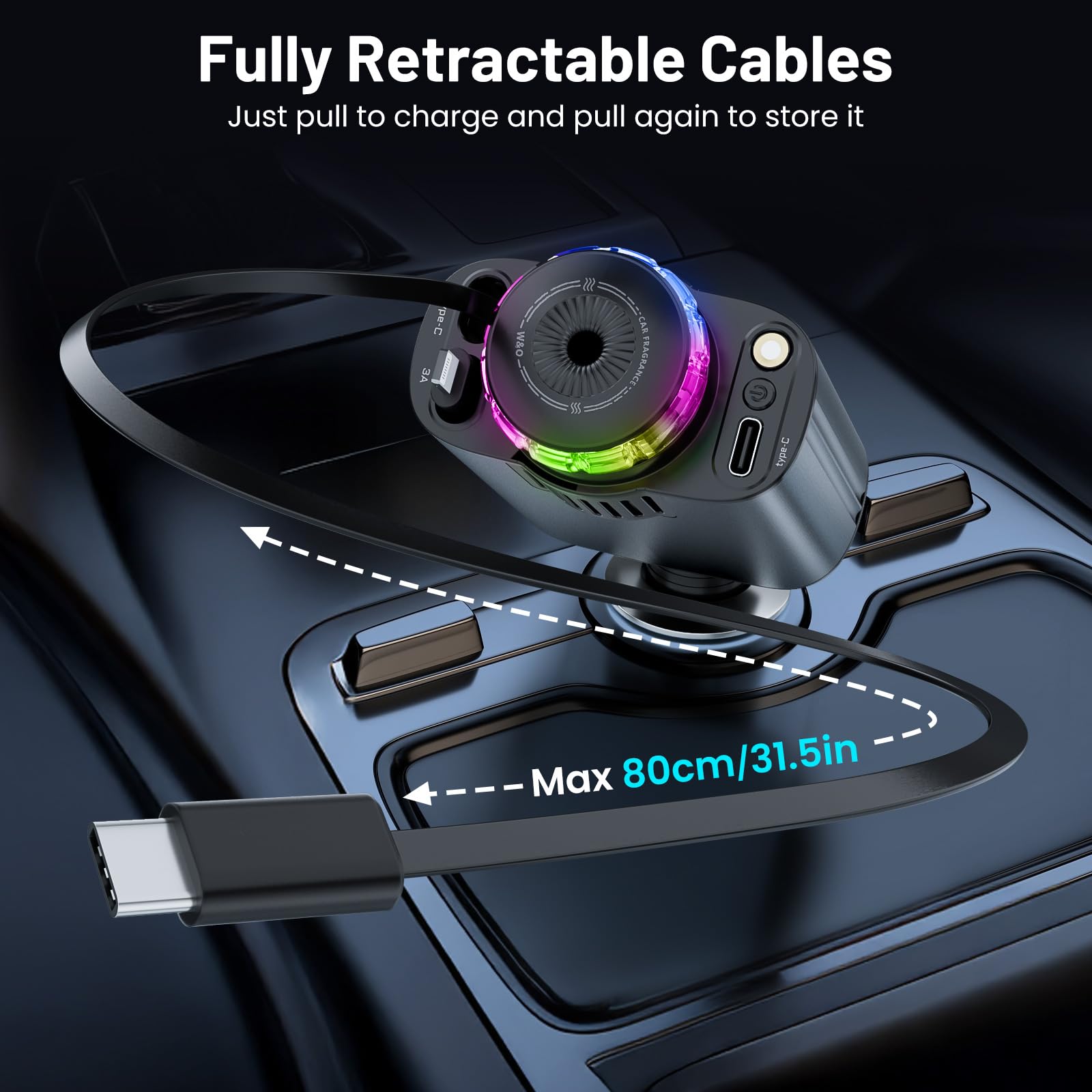 Starlight Retractable Car Charger With Aromatherapy, 5 In 1 Fast Charging 66W Car Phone Charger Adapter, Usb C Car Accessories C