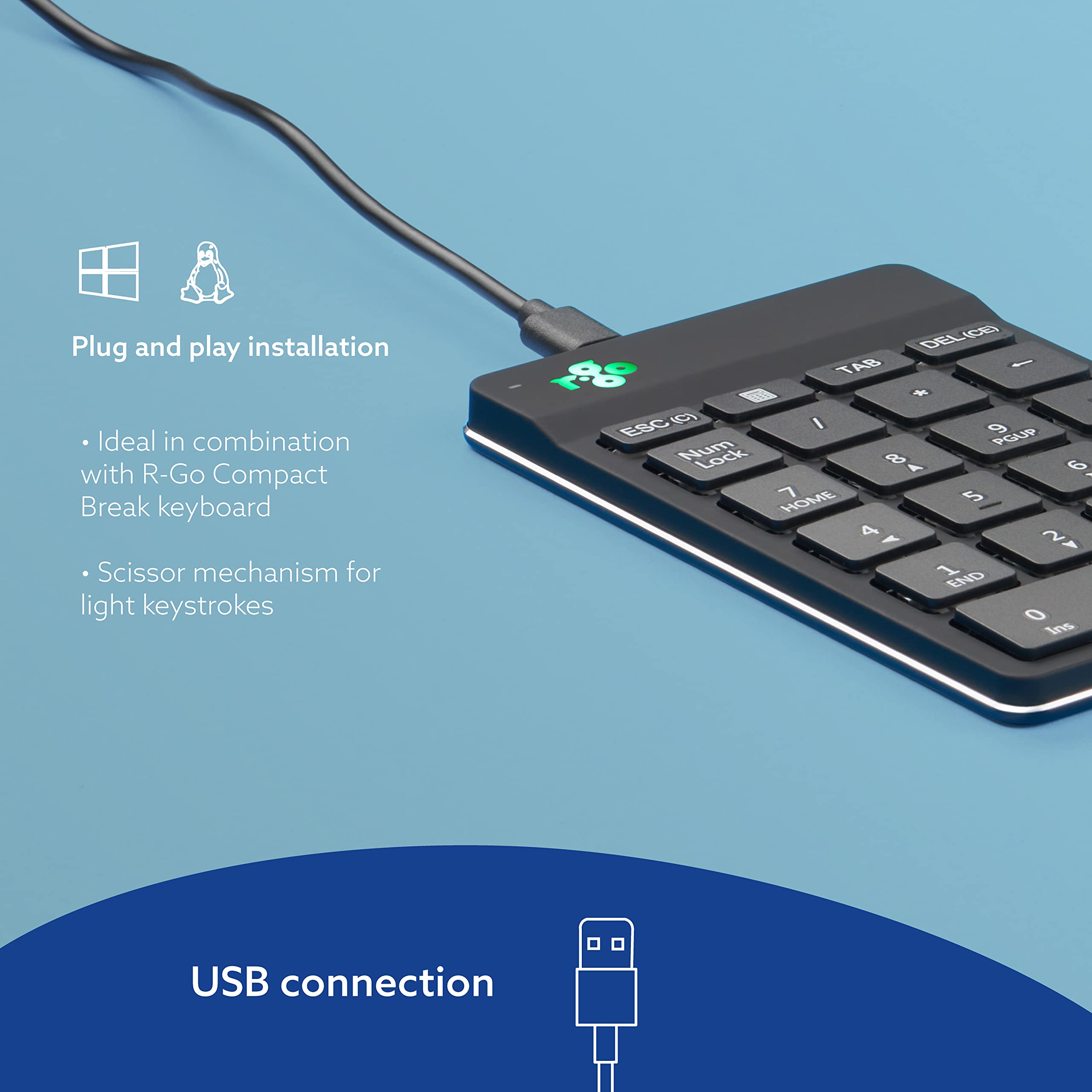 R Go Number Pad Keyboard, Usb C/A Wired, Mini Numeric Keypad With Led Break Indicator, For Financial Accounting, Data Entry & Ex