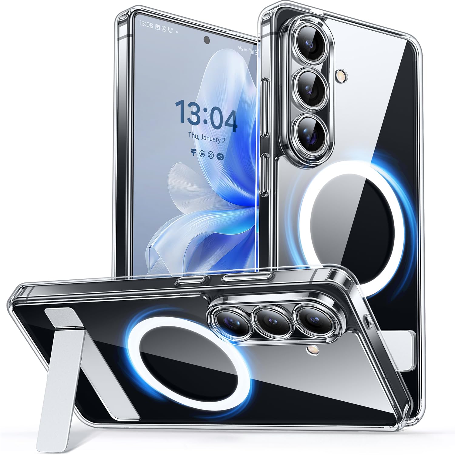 CANSHN Designed for Samsung Galaxy S26 Case (6.3 inch) with Durable Metal Stand, Upgraded [Full Camera Protection] Transparent B