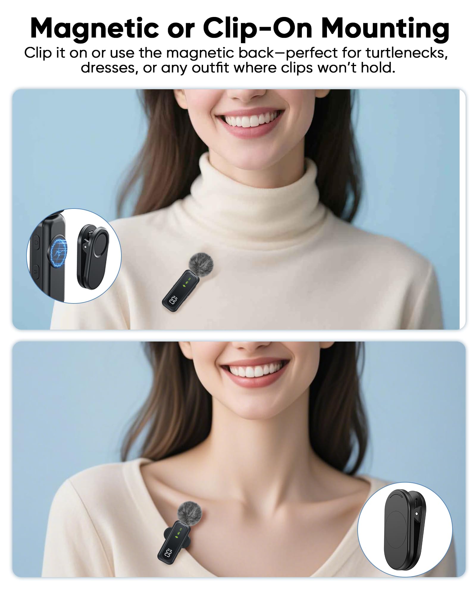 Jubolion Wireless Mini Microphone For Iphone - Magnetic Clip Mini Mic With 100% Battery Display, Noise Reduction, Plug & Play, C