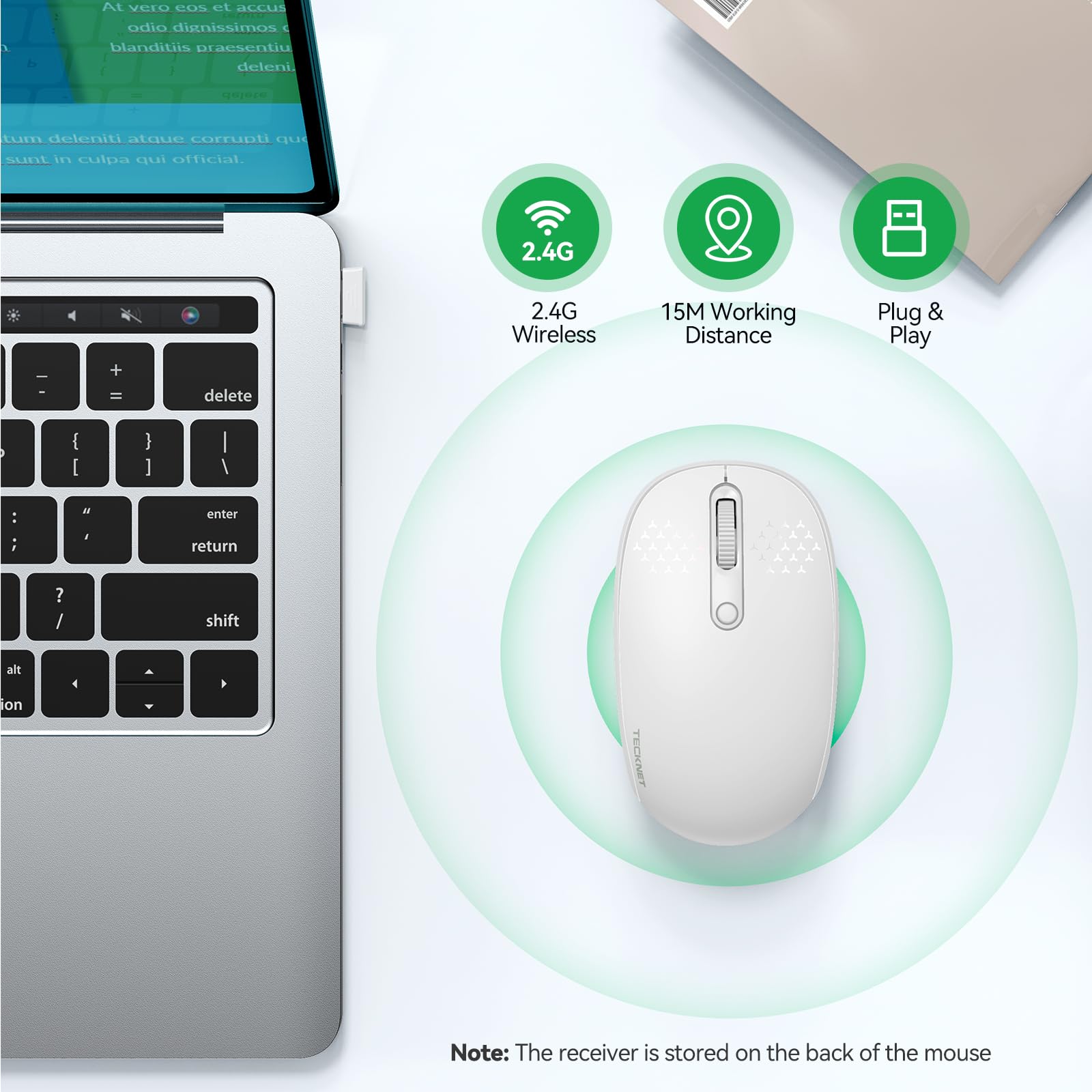 Tecknet Wireless Mouse For Laptop, 2.4G Quiet Computer Mouse With Usb Receiver, 4 Buttons Portable Cordless Mice For Chromebook, Laptop, Pc, Mac, 800/1200/1600 Dpi   White