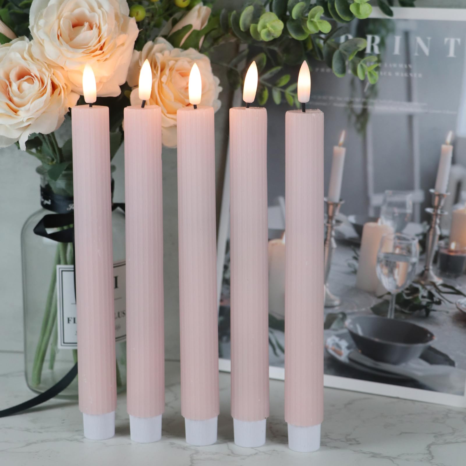 Dromance Pink Flameless Flickering Taper Candles Battery Operated With 10 Key Remote And Timer 6 Packs 3D Wick Vertical Stripe R
