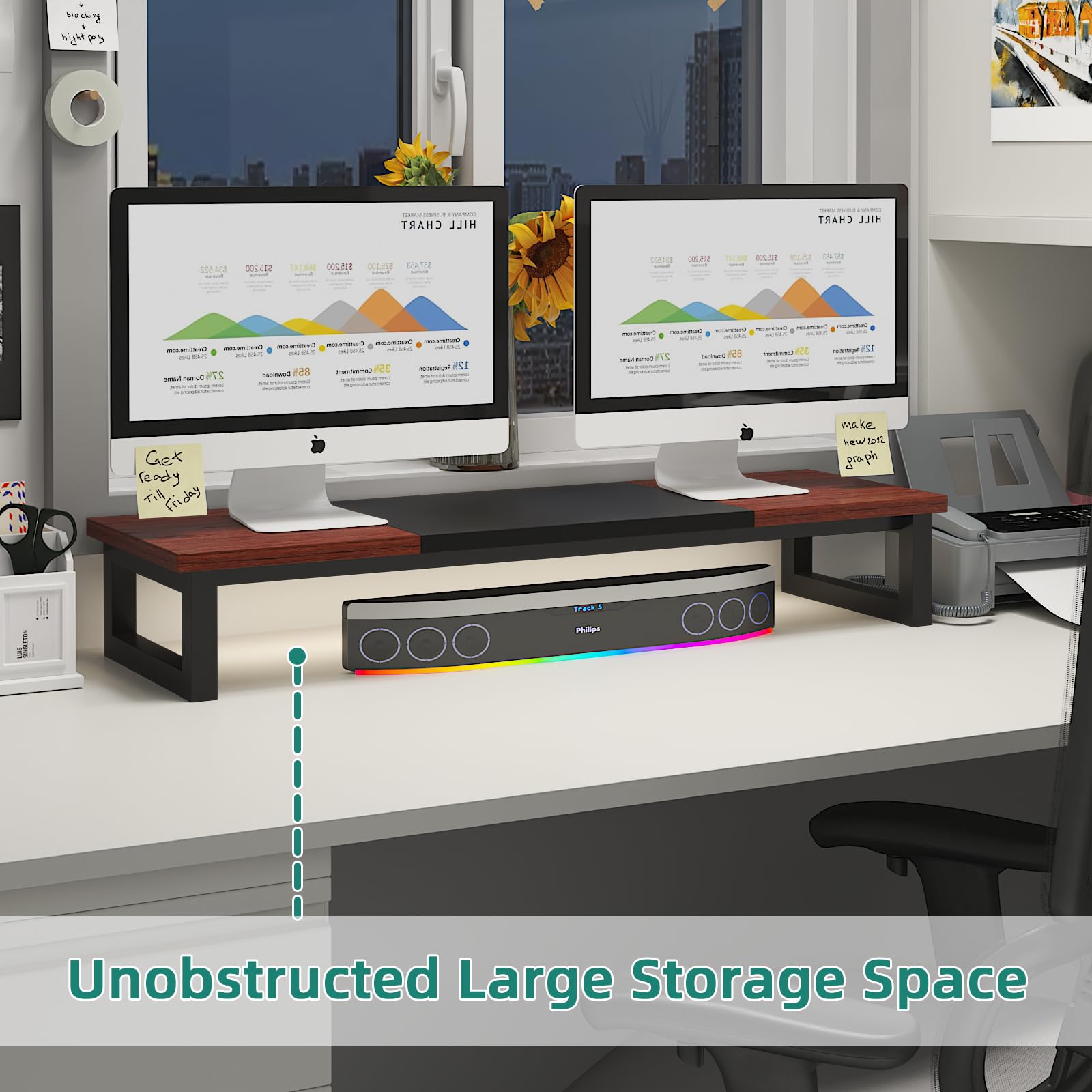 Yaohuoo Dual Monitor Stand Riser, 39Inch Large Monitor Stands For 2 Monitors, Computer Monitor Stand, Wooden Desktop Oraganizer