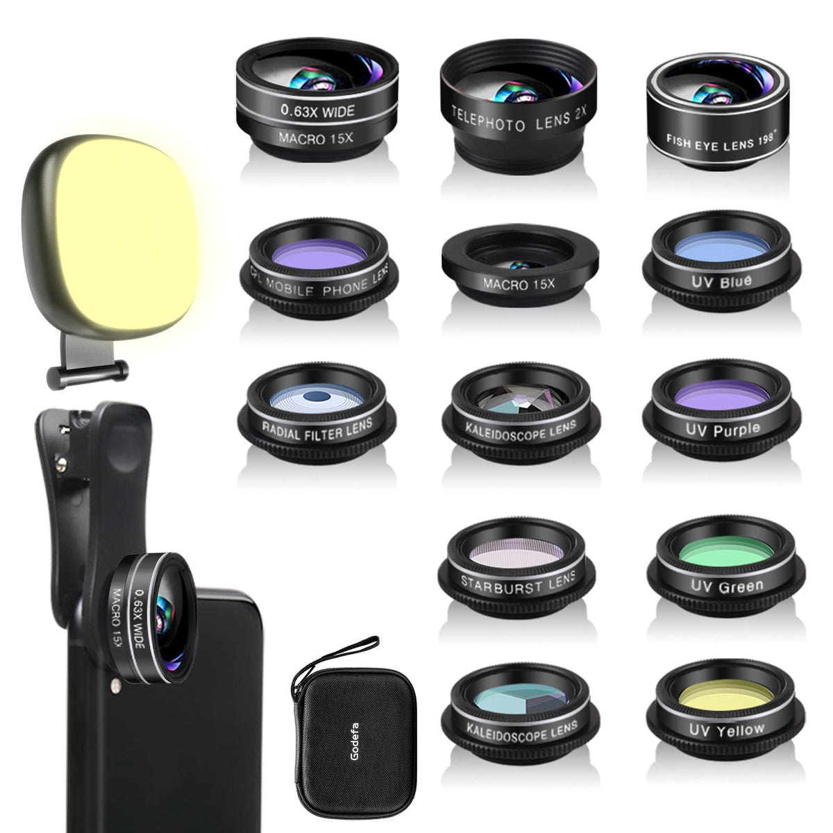 Godefa Phone Camera Lens Kit, 14 In 1 Lenses With Selfie Light For Iphone 14 13 12 11 Xs X Pro Samsung And Other Andriod Smartph
