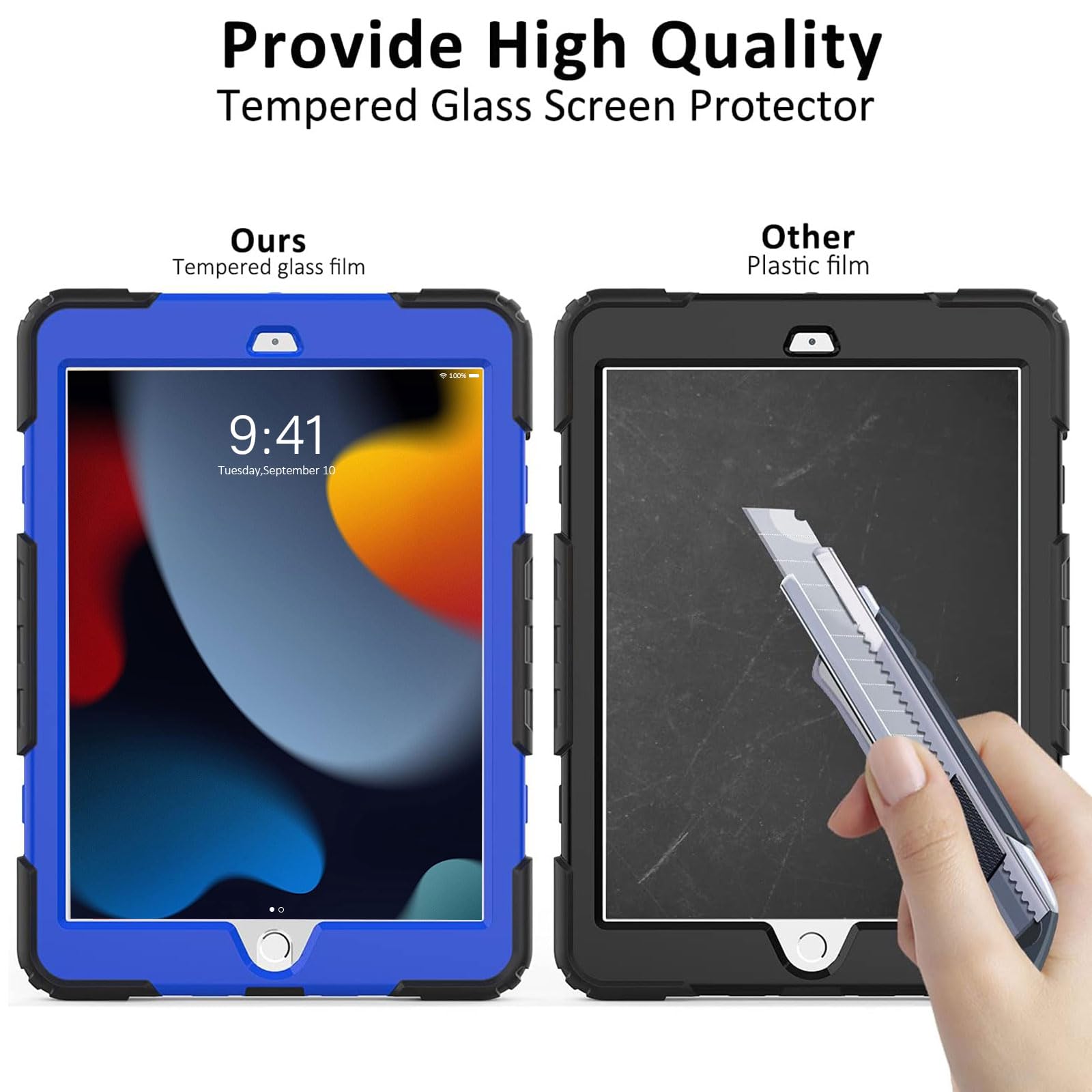Ipad 9Th/8Th/7Th Generation Case, Ipad 10.2 Case 2021/2020/2019, [Rotatable Hand Strap/Kickstand] Ambison Full Body Protective Case With Tempered Glass Screen Protector, Pencil Holder (Blue & Black)