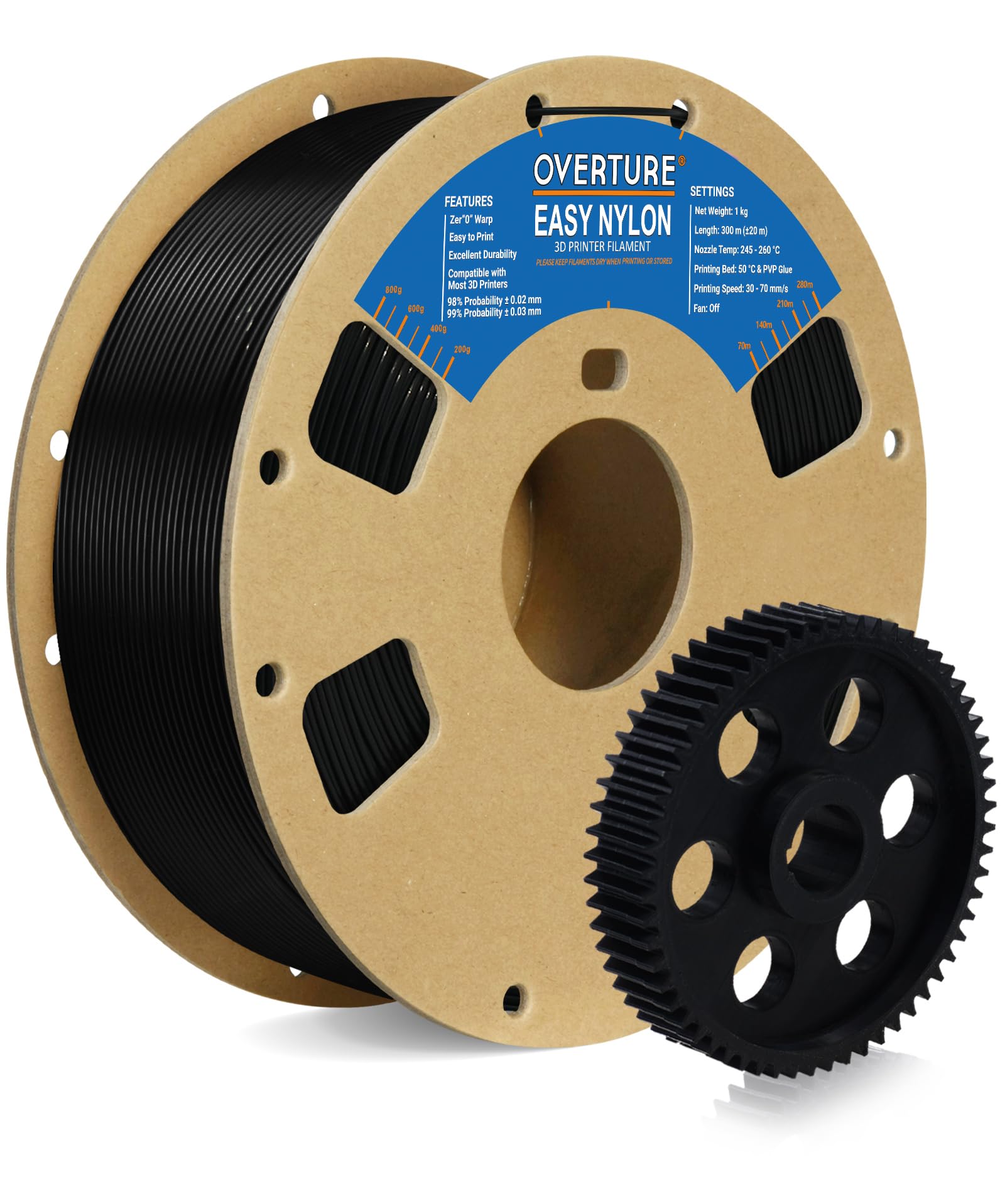 Overture Nylon Filament 1.75Mm 3D Printer Filament, Polyamide (Pa) 1Kg Spool (2.2Lbs), Dimensional Accuracy +/  0.03 Mm, Fit Mos