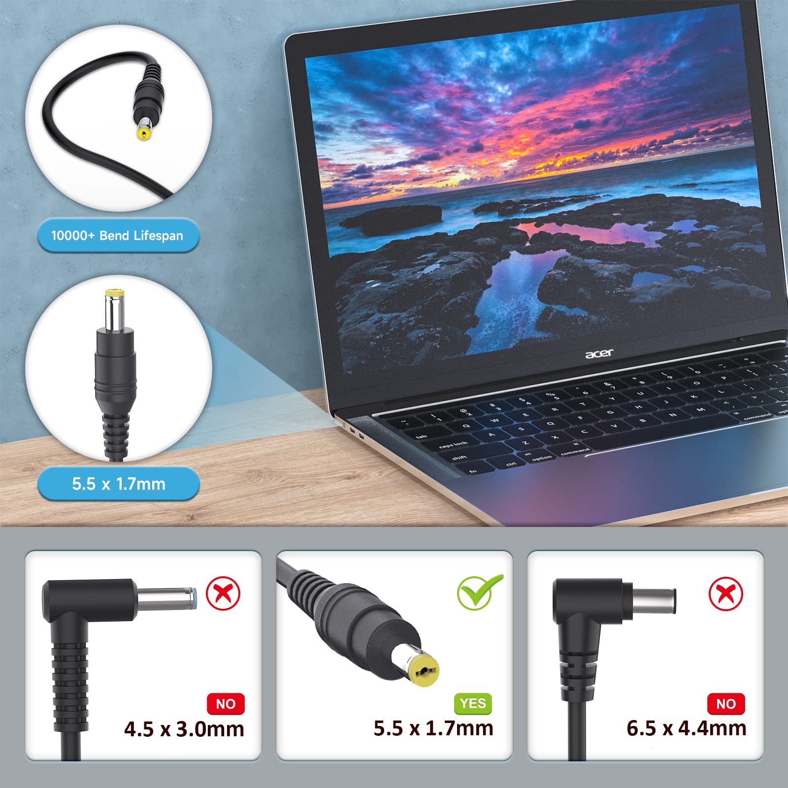 65W Charger For Acer Aspire 5 3 Series; Aspire A515 43, A515 51, A514 52, A515 54, A315 41, A315 53, A114 32, A315 51, A315 32, A115 31, A115 32, A114 32, A315 21, A315 31 Laptop Power Adapter