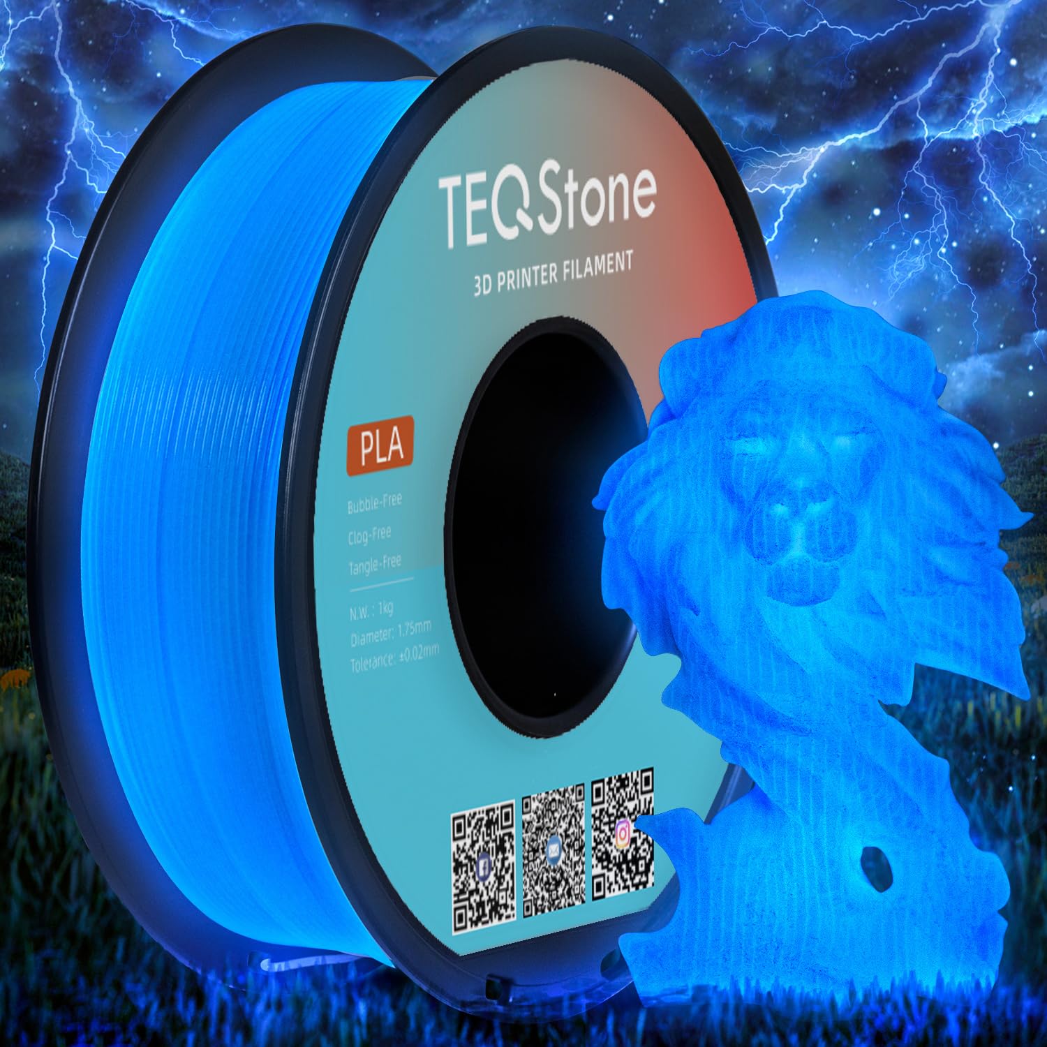 TEQStone Glow in The Dark PLA Filament 1.75mm Blue, Consistent Diameter +/- 0.03mm, Vacuum Packaging, Compatible with Various 3D
