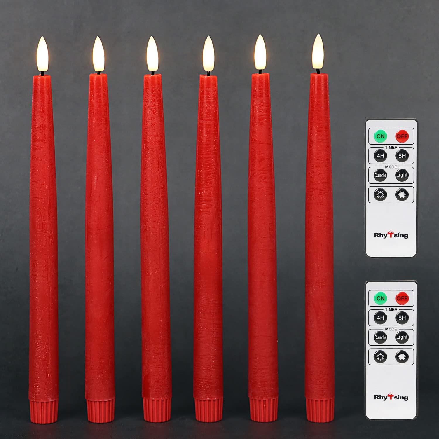 Rhytsing 29cm Flameless Taper Candles with Timer, Battery Operated Dinner Table Long Candlestick Rustic Wax, Warm White LED, 2 R