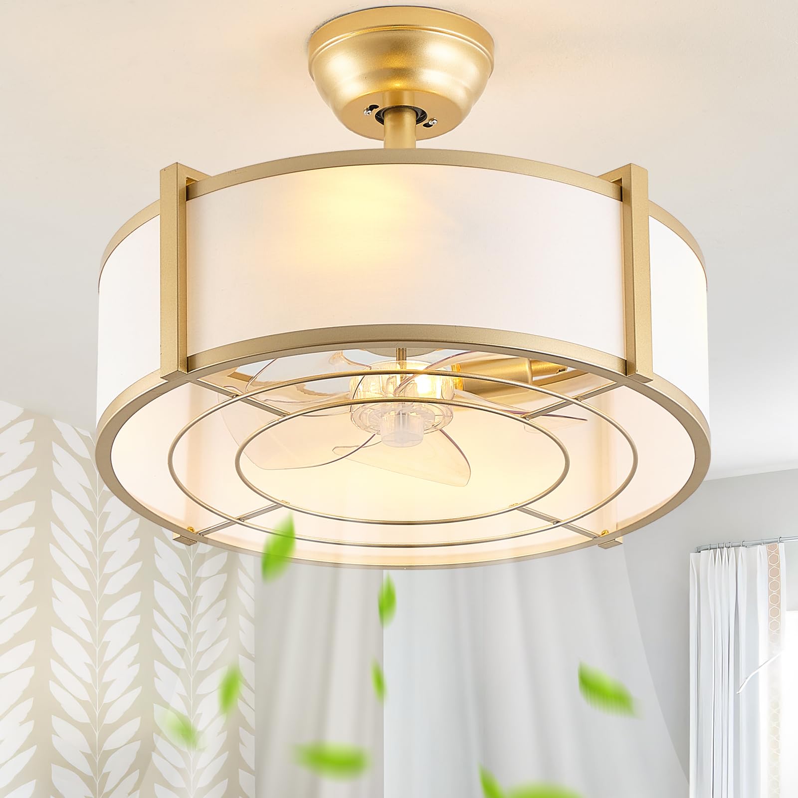 YMKSKJ 20 Gold Fandelier Ceiling Fans with Lights, Boho Rattan Ceiling Fan with Light Remote Control, Caged Mid-Century Modern w