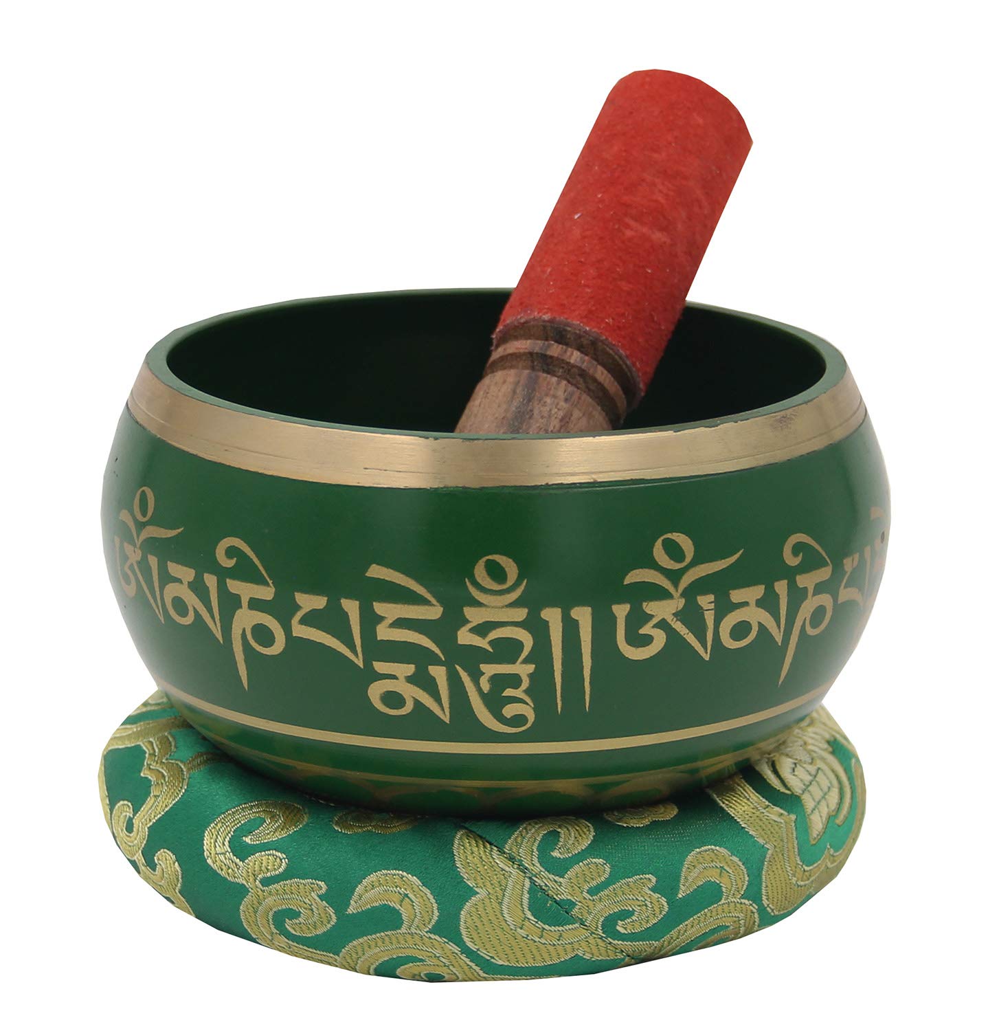 DharmaObjects Tibetan Meditation Om Mani Padme Hum Peace Singing Bowl With Mallet (Large, Green)