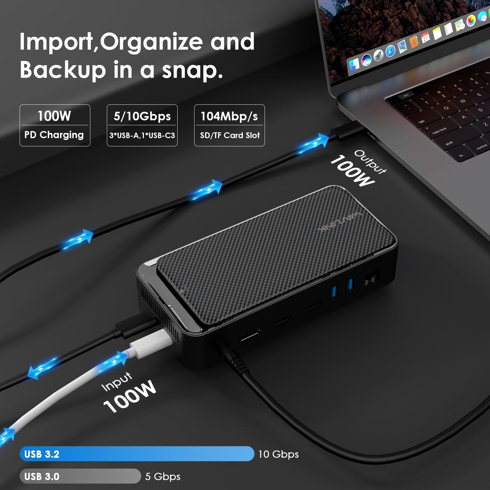 Wavlink Usb C Docking Station 3 Monitors, 13 In 1 Usb C Hub With 10Gbps M.2 Pcie/Sata Ssd Enclosure, Expands Macbook/Mac Mini (M4/M3/M2/M1), 4K@60Hz Hdmi/Dp, 100W Pd, Usb C/Usb A, Sd/Tf, Gigabit Rj45