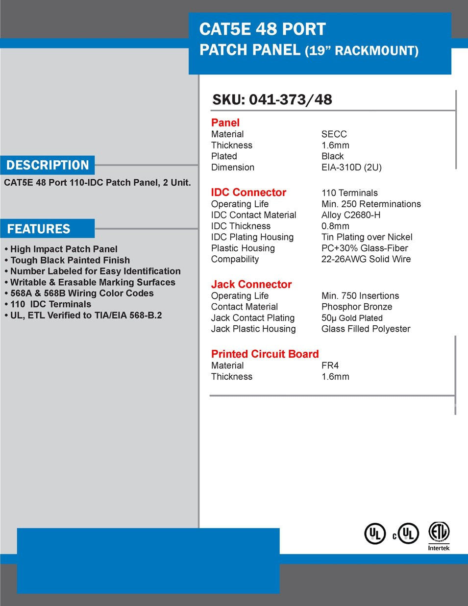 Vertical Cable Cat5E 48 Port 19'' Horizontal Rackmount 2U Patch Panel