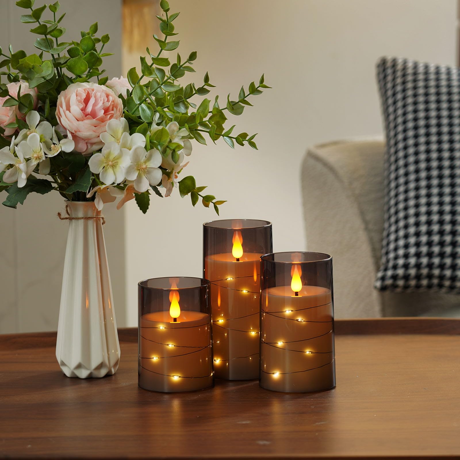 Amagic Grey Flameless Candles With Remote, Flickering Battery Operated Candles With Embedded Fairy Lights, Acrylic Led Candles W