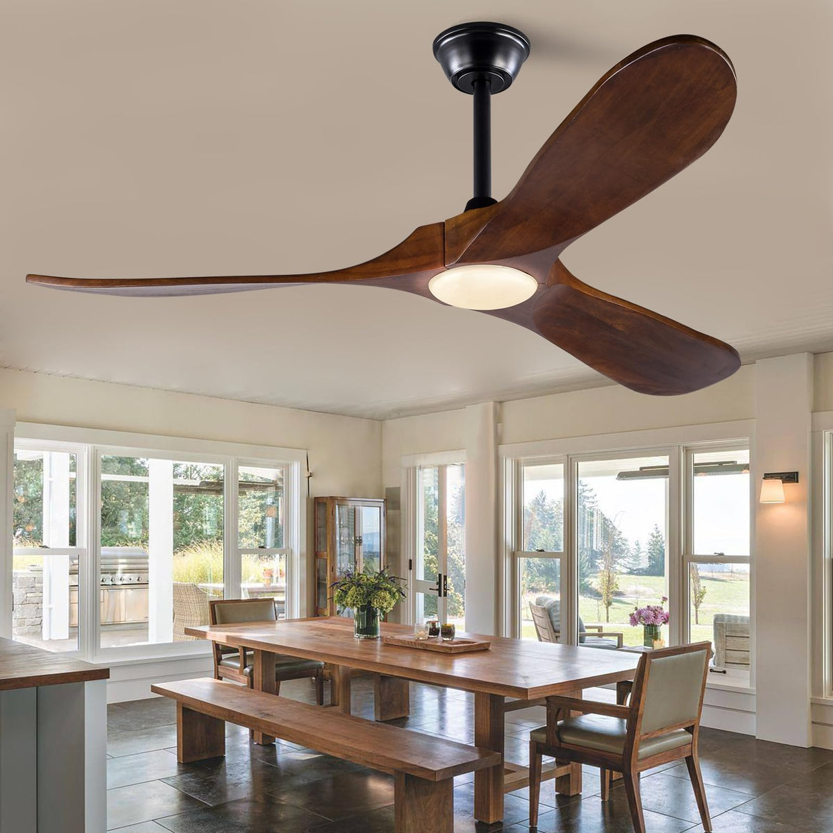 Omyu 52 Inch Wood Ceiling Fan With Lights Remote Control, 3 Color Temperatures And 6 Speeds Timing, 52 Inch Indoor Outdoor Ceili