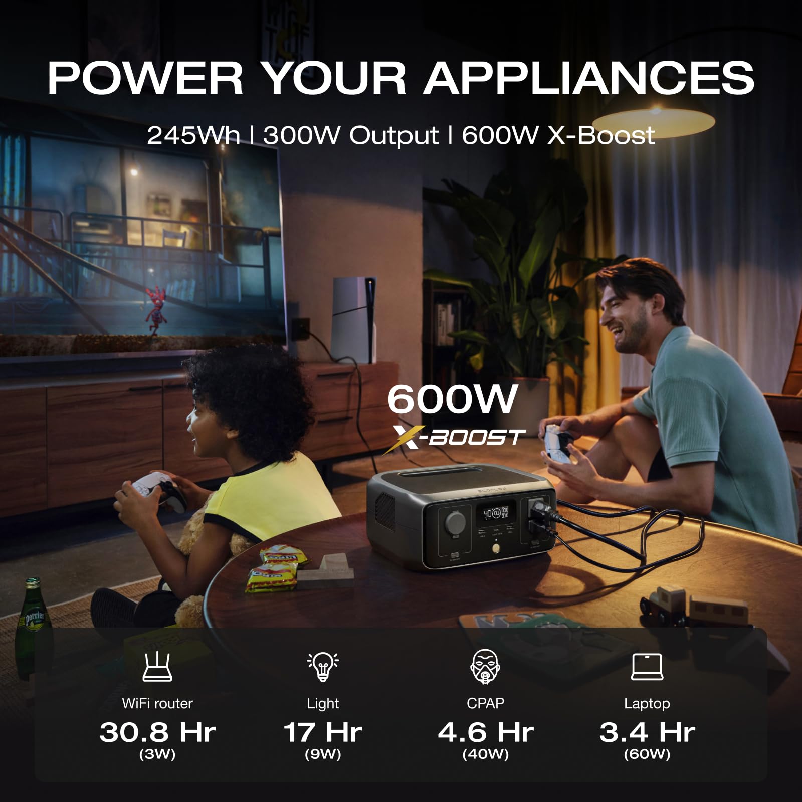 Ef Ecoflow Portable Power Station River 3, 245Wh Lifepo4 Battery Power Station, 300W Up To 600W Ac Output,