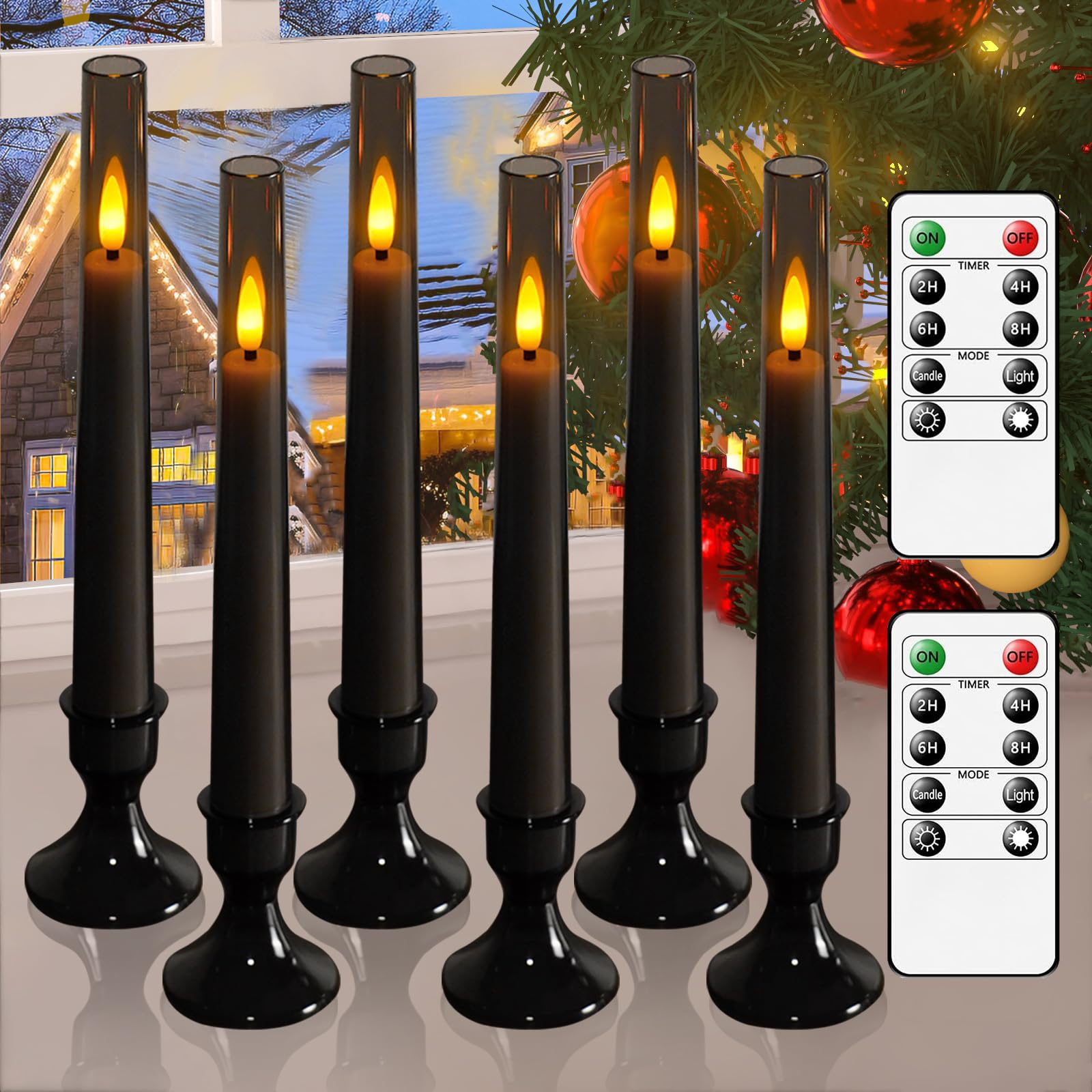 Lezonic Flameless Windows Candles Battery Operated With Timer Remote, 6Pcs Grey Acrylic Flameless Candlesticks With Holders, Led