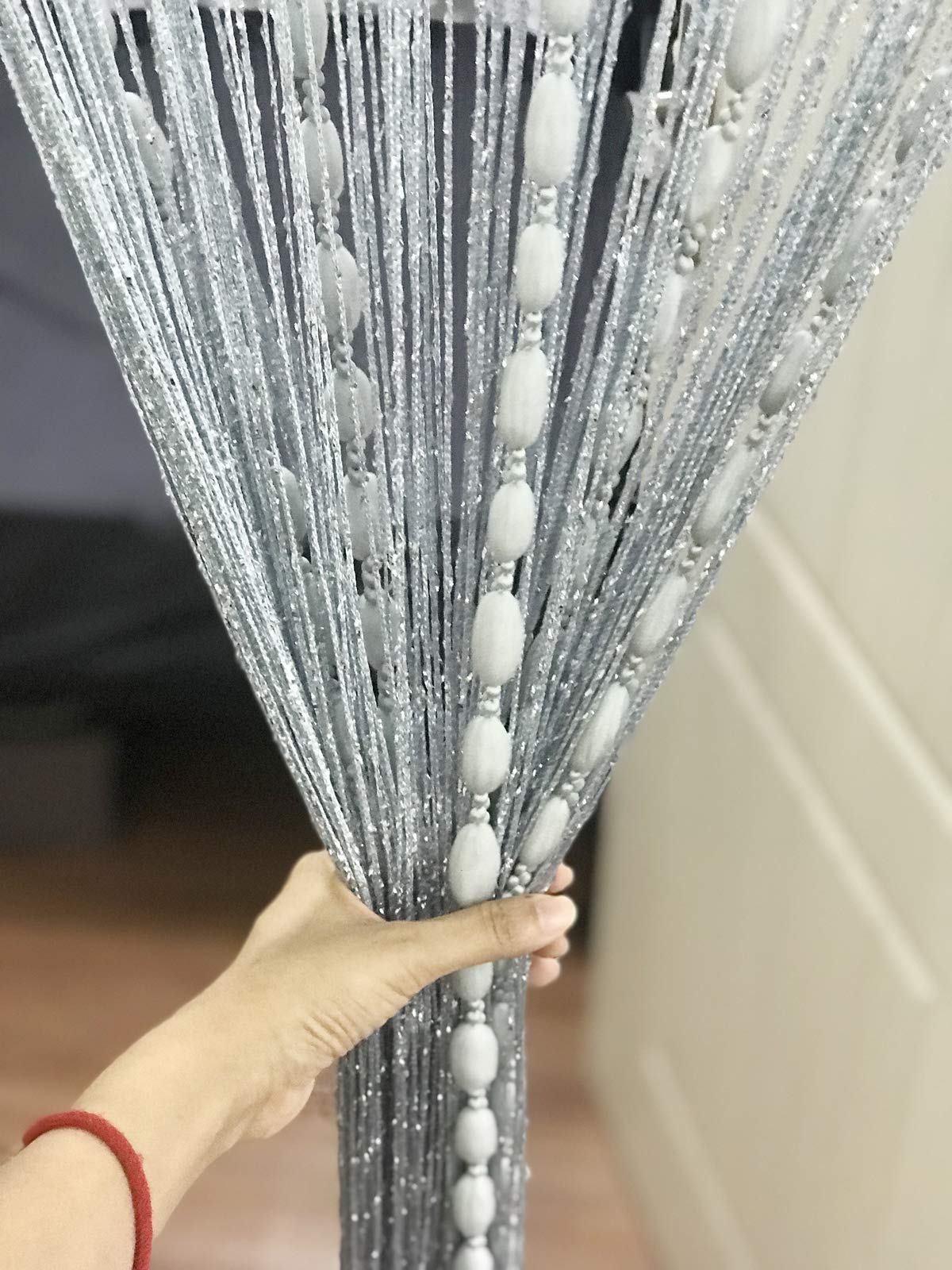 Eyotool Door String Curtain Flat Silver Ribbon Thread With Shaggy Tassel Room Divider, 39X79 (Grey-Style2)