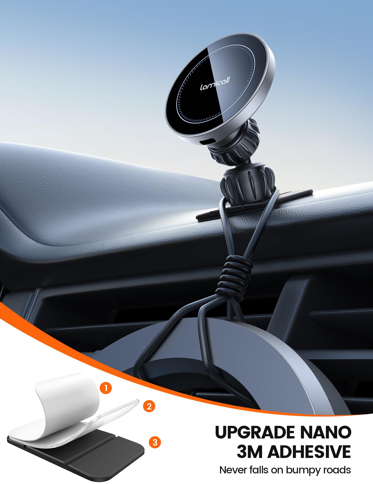 Lamicall 15W Wireless Car Mount Charger - [3-In-1 Upgraded Intelligent Chip] 360 Wireless Car Phone Holder Charger Vent Dashboar