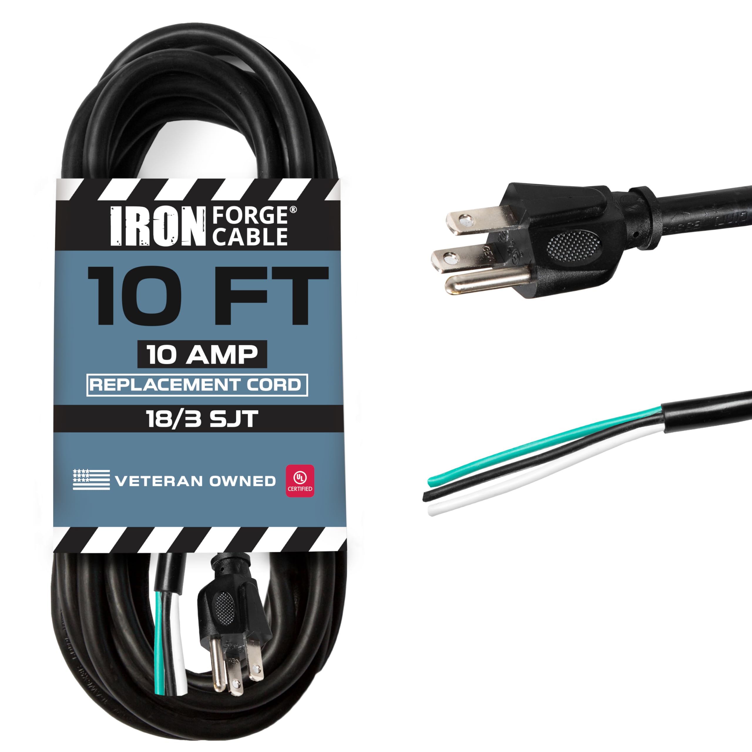 Iron Forge Cable 18 Awg Replacement Power Cord With Open End 10 Amp, 10 Ft Black Extension Cord, 18/3 Sjt, Nema 5 15P