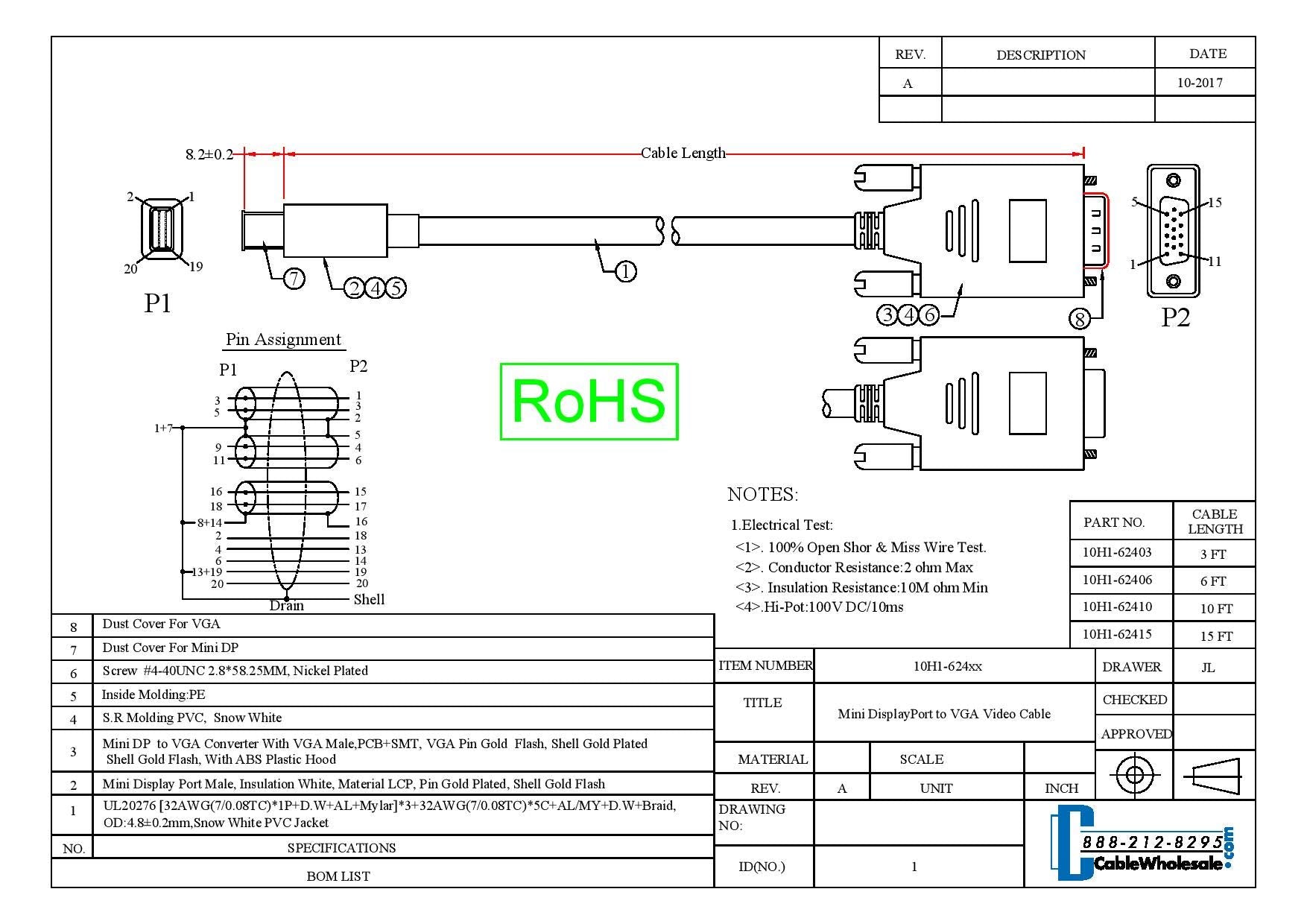 Cablewholesale Mini Displayport To Vga Monitor Cable, Thunderbolt To Vga Cable, Mini Displayport Male To Vga Male, White, Vga To