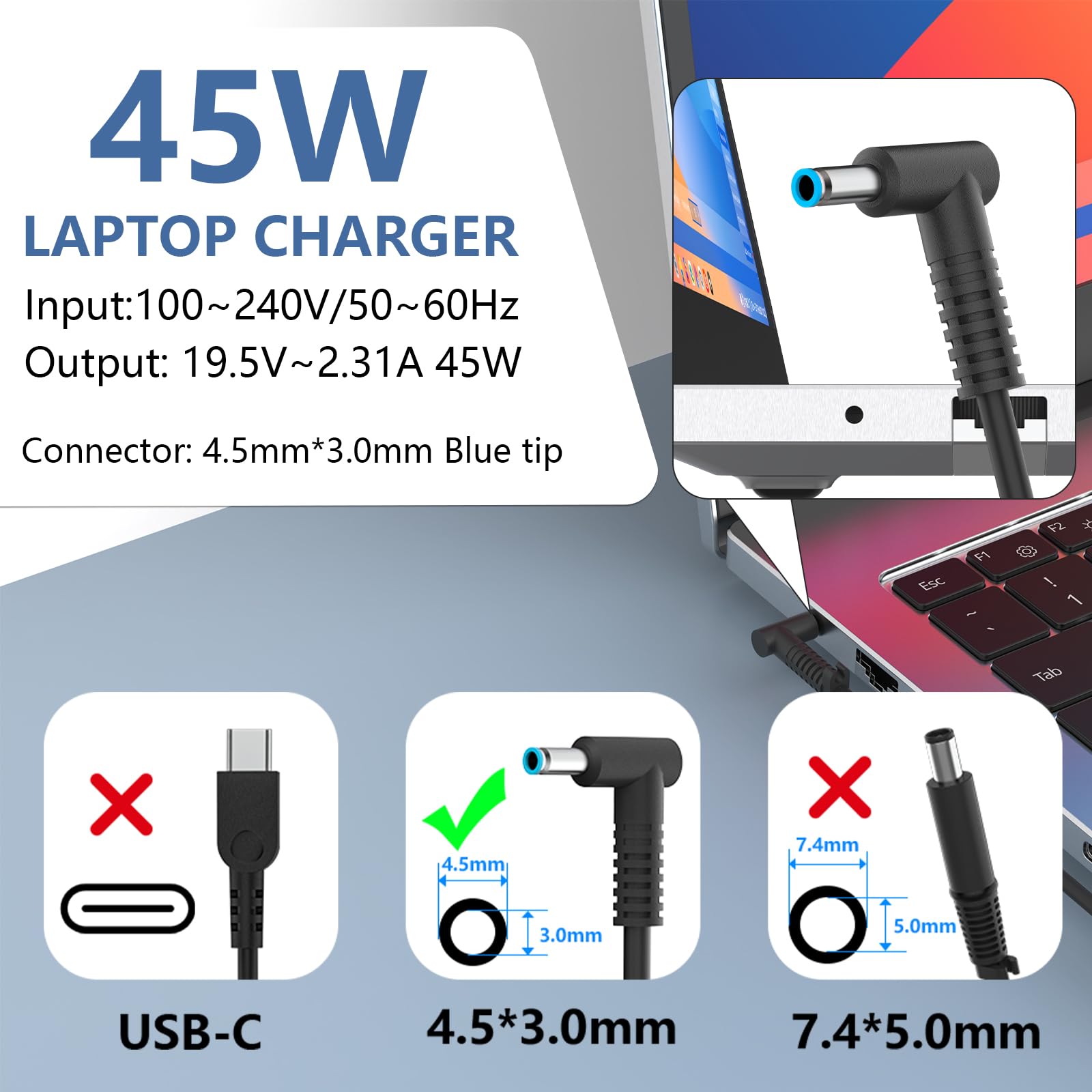 45W 19.5V 2.31A L25296 002 Laptop Charger Fit For Hp 741727 001 213349 009 740015 001 L25296 001/003 740015 002 Hp Pavilion 13 1