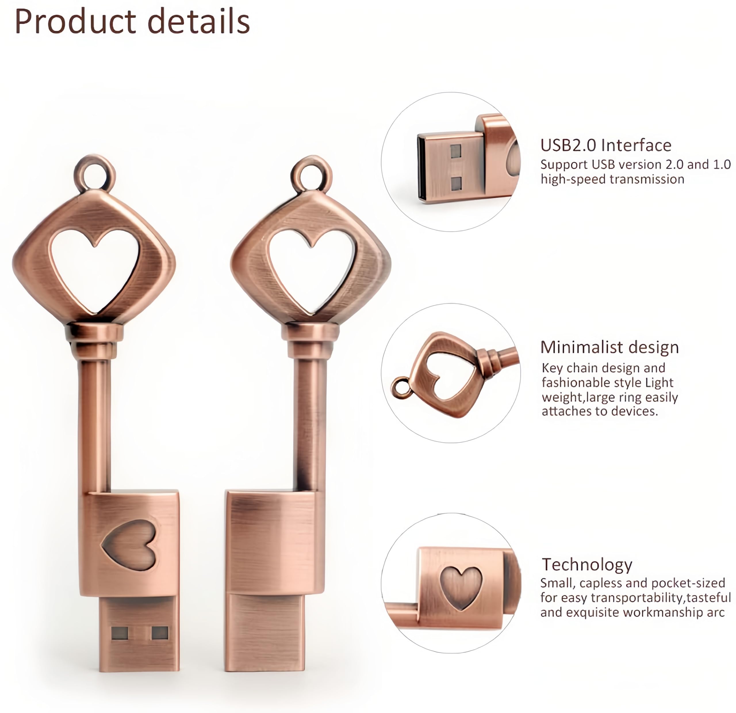 Wooteck 64Gb Heartkey Usb Flash Drive Metal Key Heart Data Storage